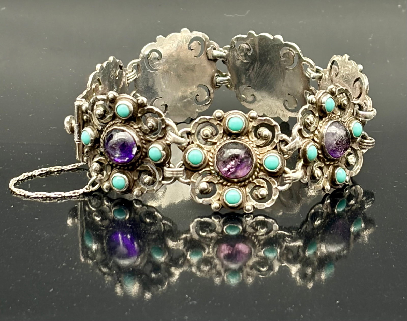 Vintage Mexican 925 Sterling Silver Amethyst & Turquoise Link Bracelet (1 of 7)