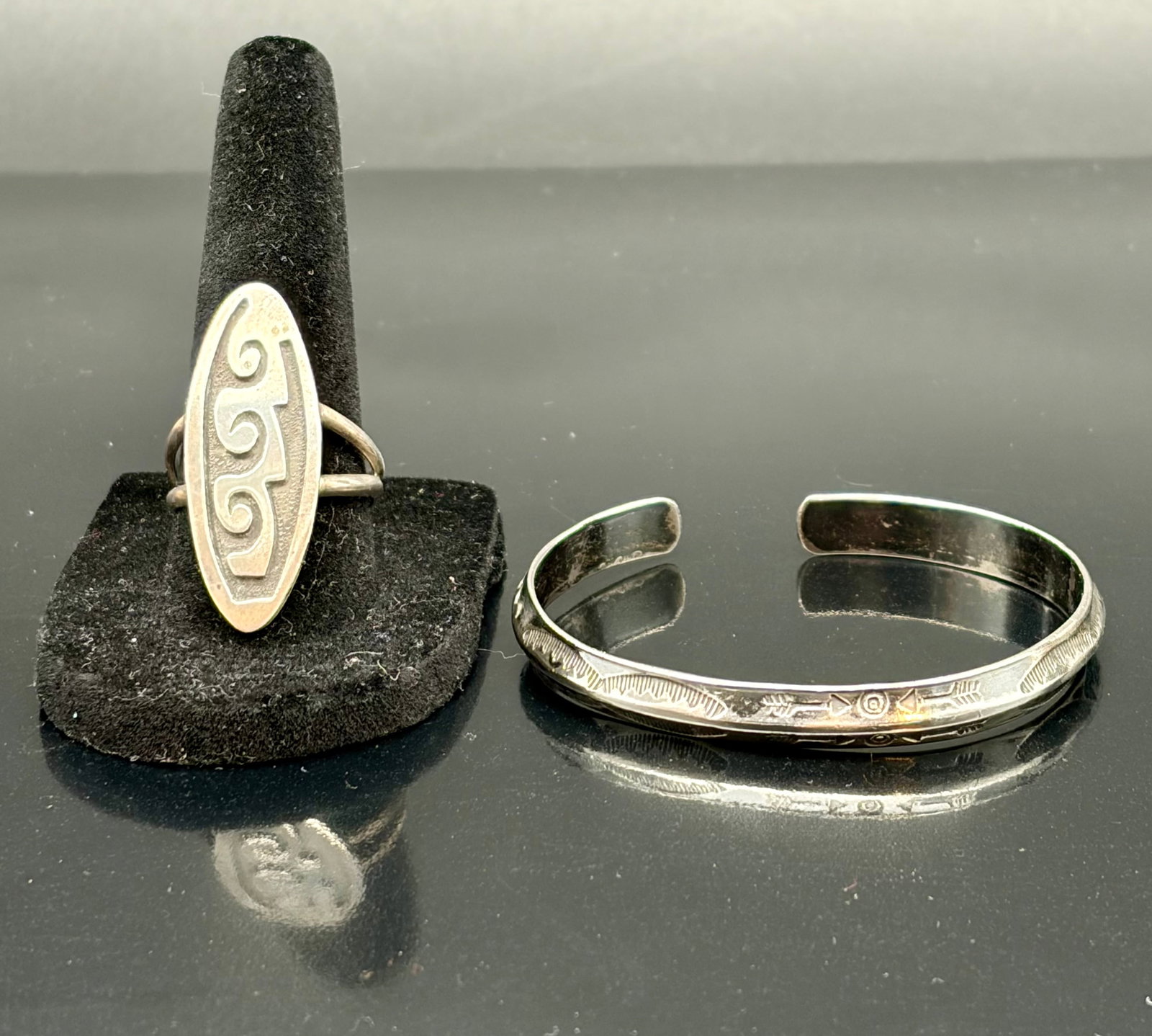 Sterling Silver Southwest Ring & Cuff Bracelet Set – Hand-Engraved Tribal Motif (1 of 9)