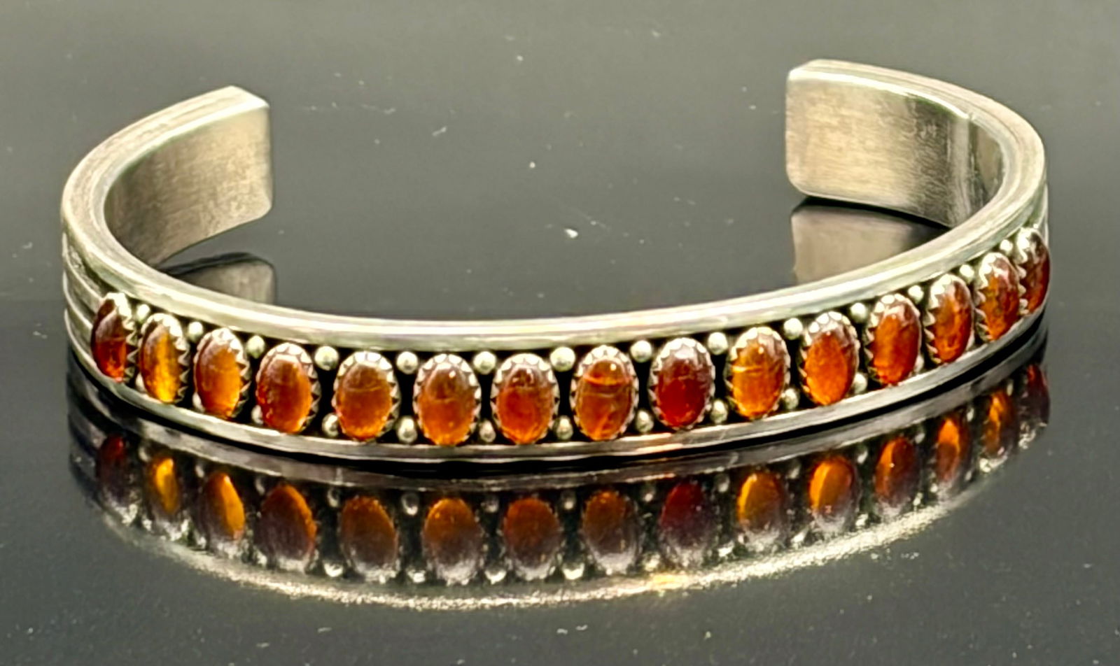 Sterling Silver Cuff Bracelet with Amber Cabochons – Southwest Style Statement Piece (1 of 6)