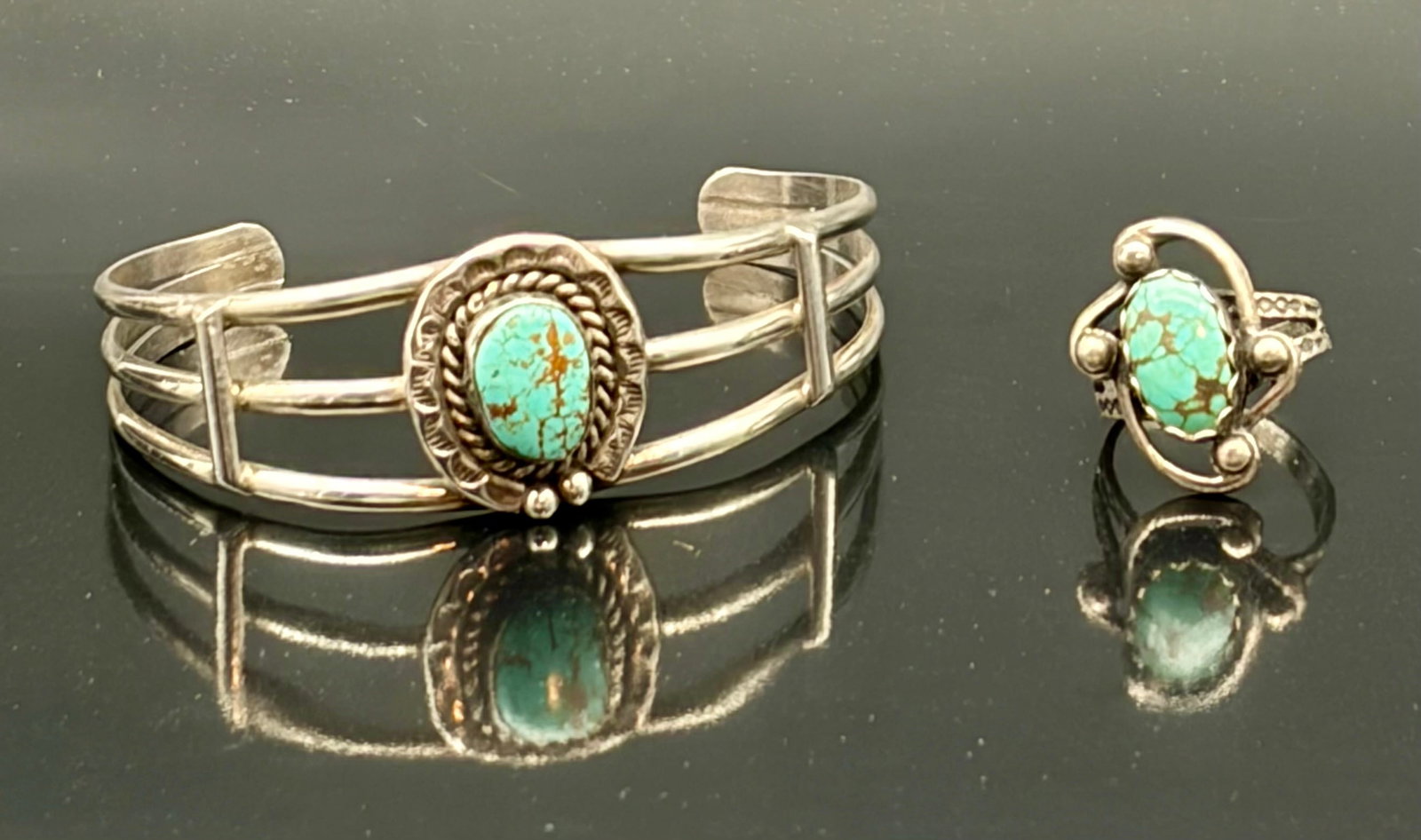 Vintage Sterling Silver Turquoise Cuff & Ring Set – Classic Southwestern Design (1 of 10)
