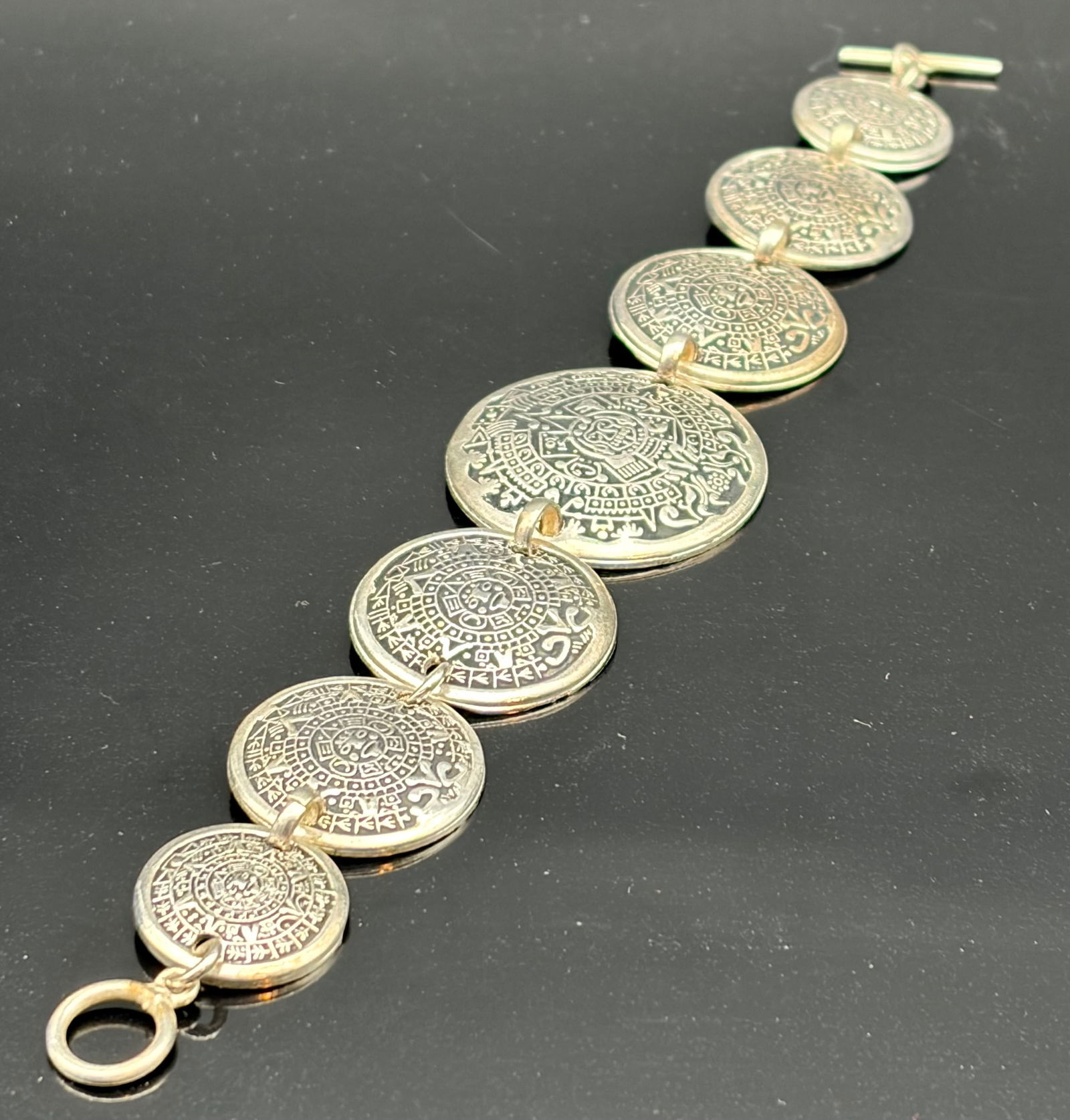 Sterling Silver Aztec Calendar Link Bracelet – Mexican Coin Style Panel Bracelet (1 of 5)