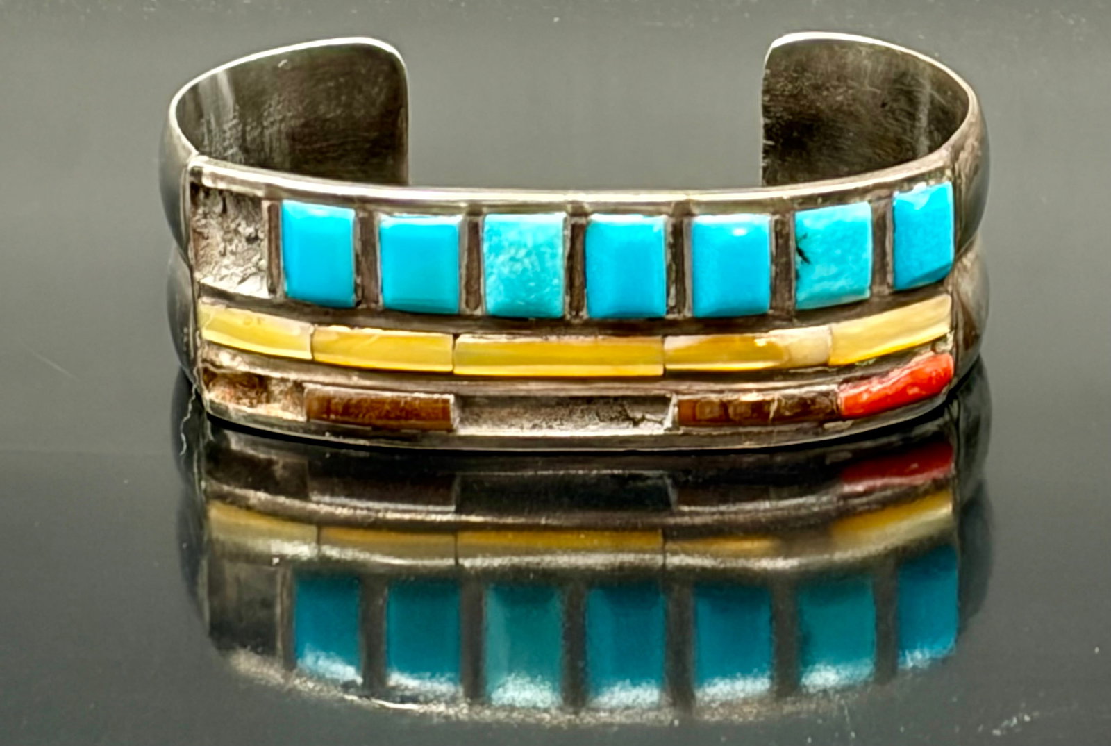 Southwest Sterling Silver Inlay Cuff Bracelet – Turquoise, Amber & Coral Mosaic Band (1 of 5)