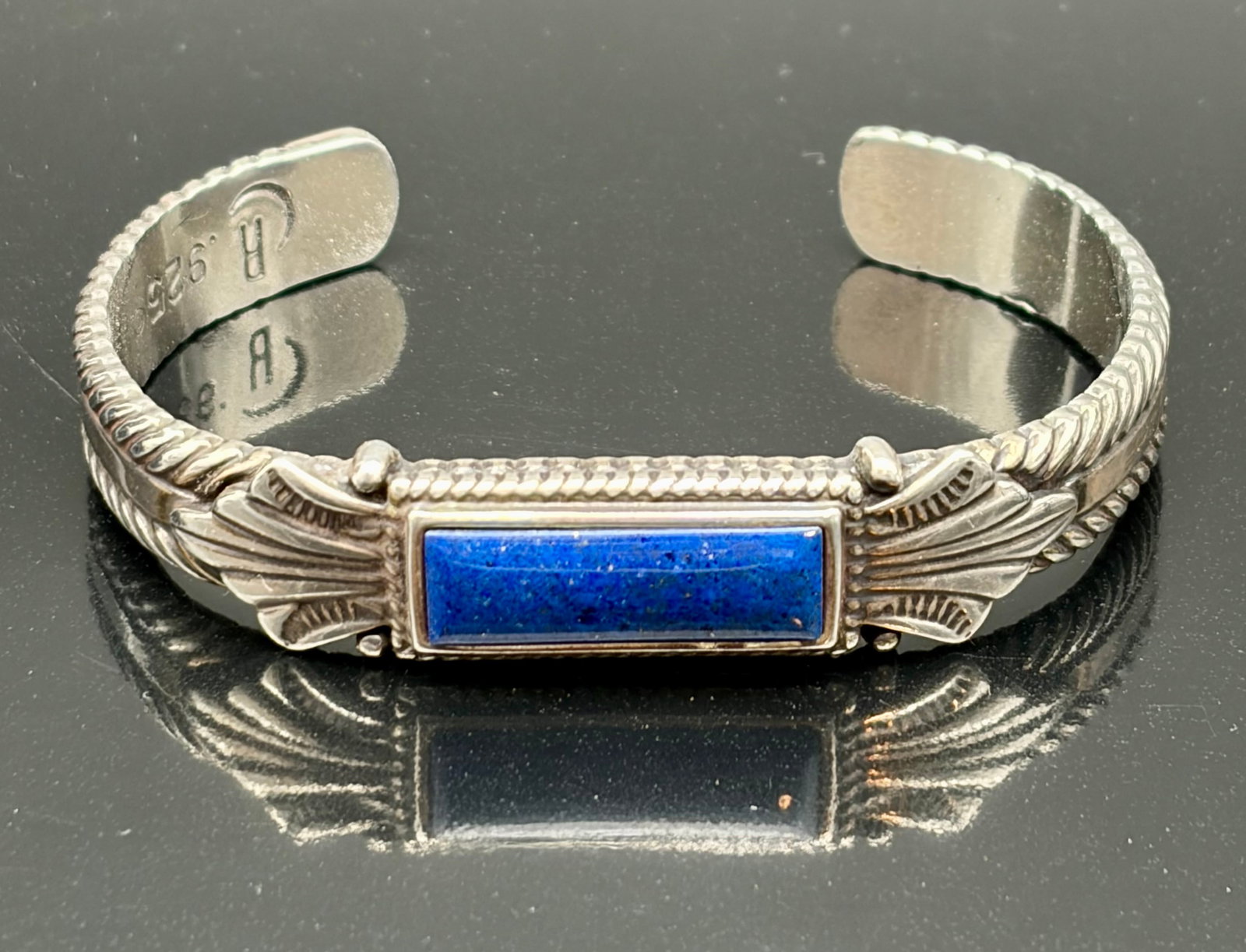 Vintage Southwestern Sterling Silver Cuff with Lapis Inlay & Feather Motif (1 of 6)