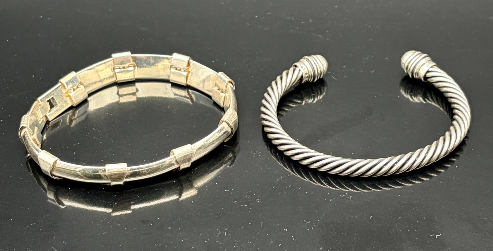 Pair of Sterling Silver Bracelets – Modern Link Bangle & Twisted Cable Cuff (1 of 10)