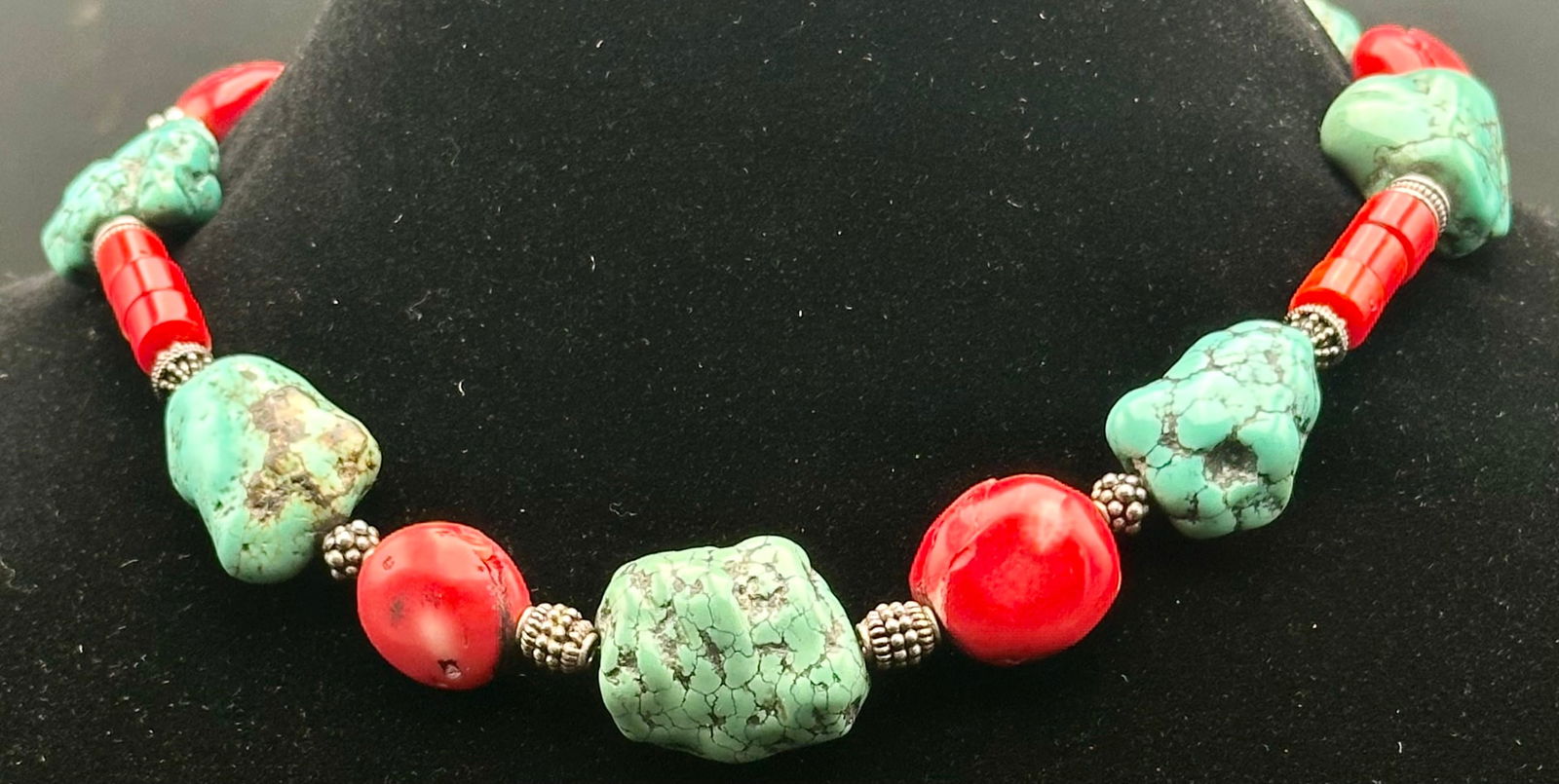 Turquoise & Red Coral Bead Necklace w/ Sterling Clasp – 127g (1 of 9)