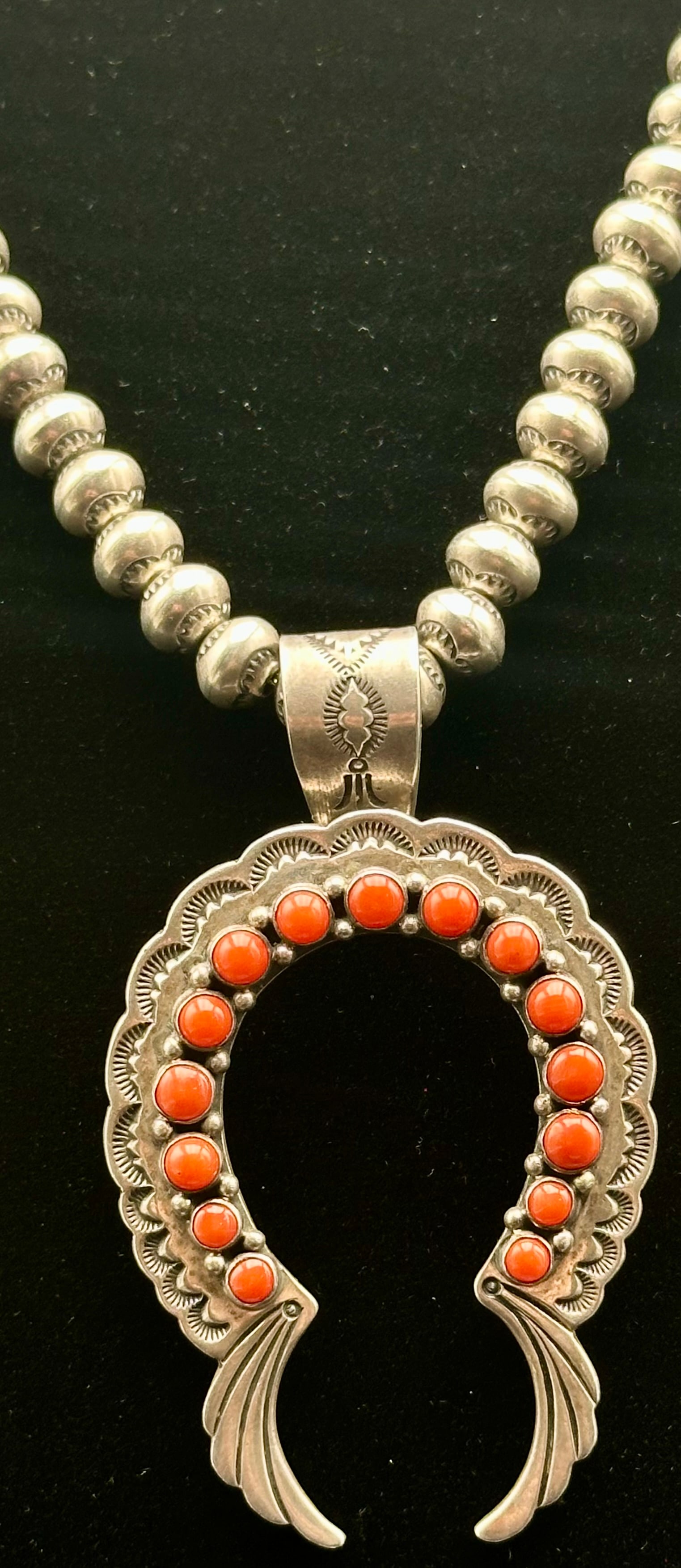 Vintage Sterling Silver Coral Squash Blossom Necklace – Signed – 119g (1 of 12)