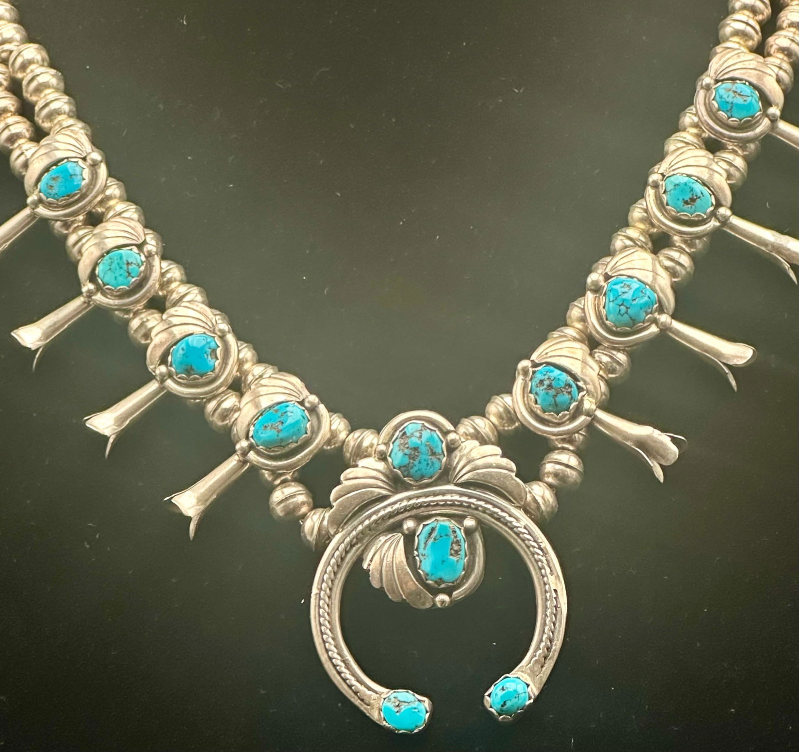 Vintage Native American Sterling Silver Turquoise Squash Blossom Necklace – JH – 75g (1 of 13)