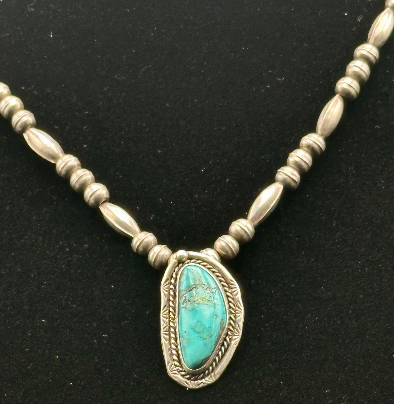 Vintage Sterling Silver Turquoise Pendant Bead Necklace – Signed LGA – 23g (1 of 10)