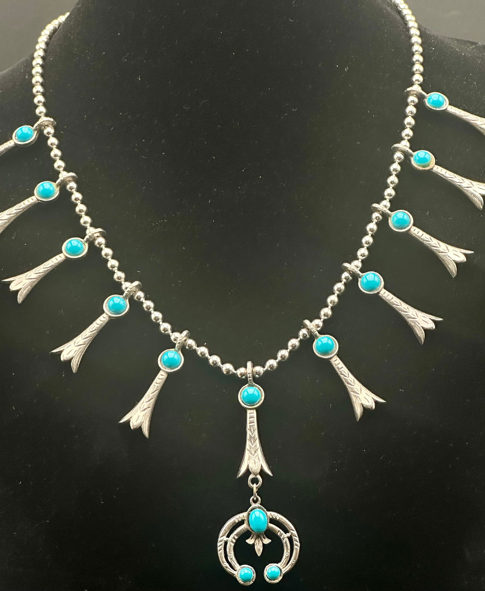 Vintage Sterling Silver Turquoise Squash Blossom Necklace – 69g (1 of 17)