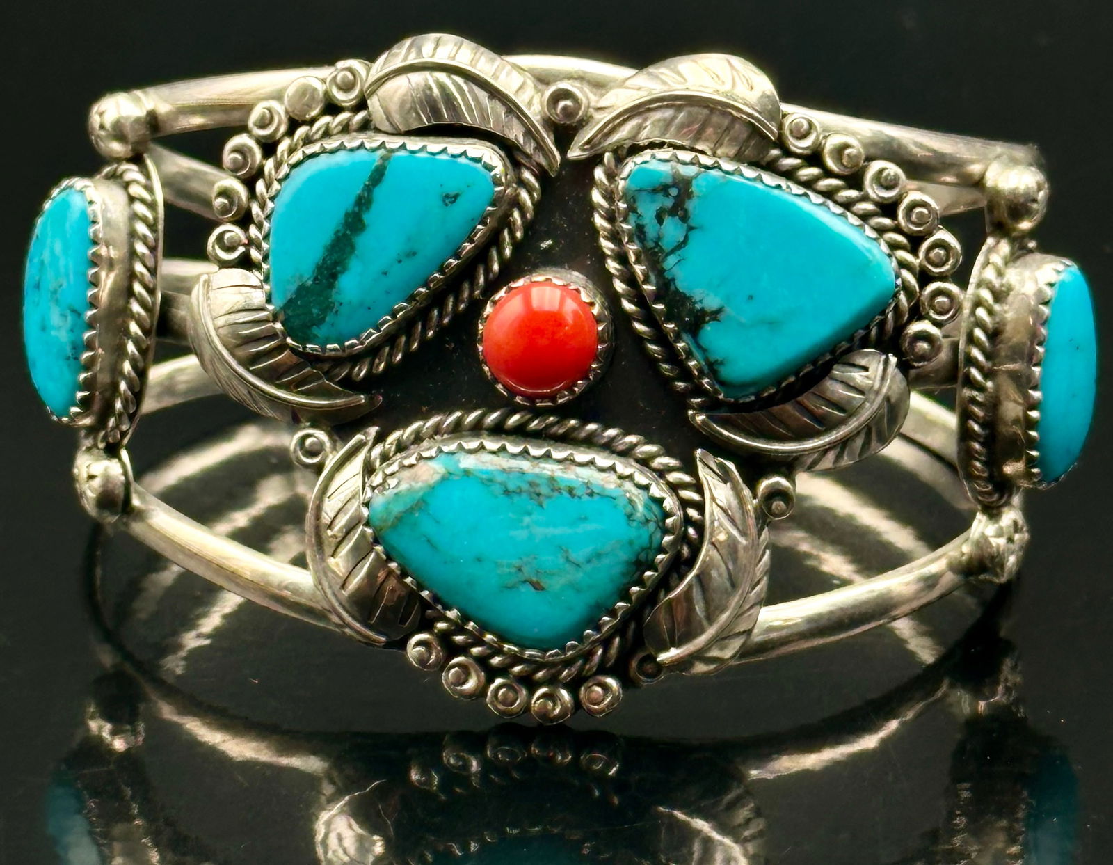 Vintage Navajo Sterling Silver Turquoise & Coral Cuff Bracelet – 44g (1 of 9)