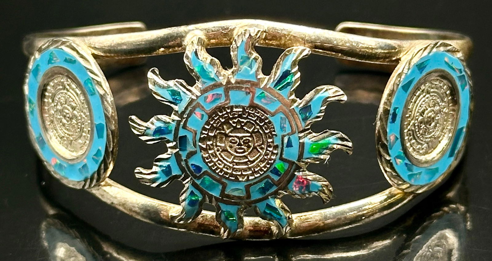 Vintage Sterling Silver Aztec Sun Inlay Cuff Bracelet – 21g (1 of 9)