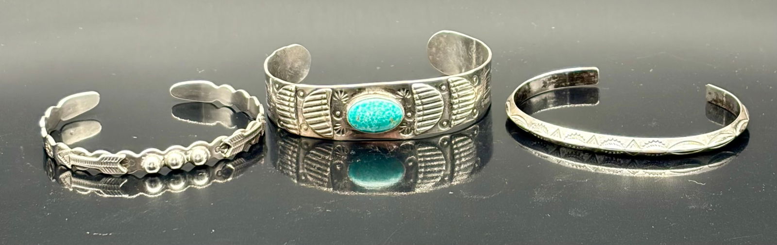 Vintage Sterling Silver Cuff Bracelet Trio – Turquoise Centerpiece & Signed Artisan Pieces (1 of 16)