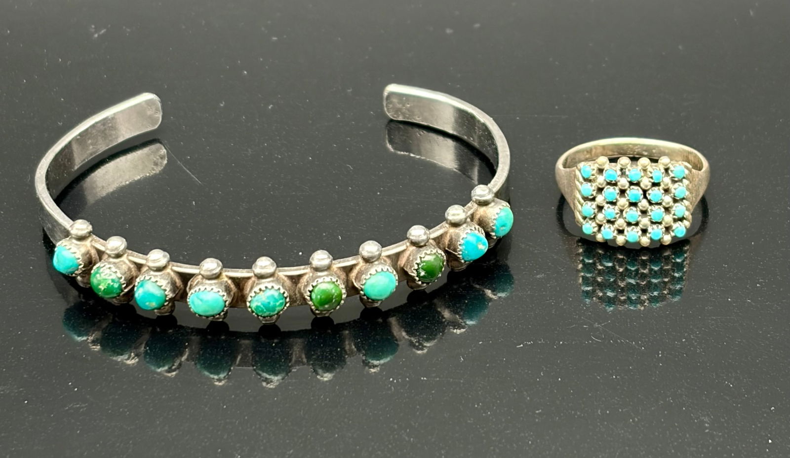 Vintage Sterling Silver Turquoise Cuff Bracelet & Cluster Ring Set – Southwestern Style (1 of 10)