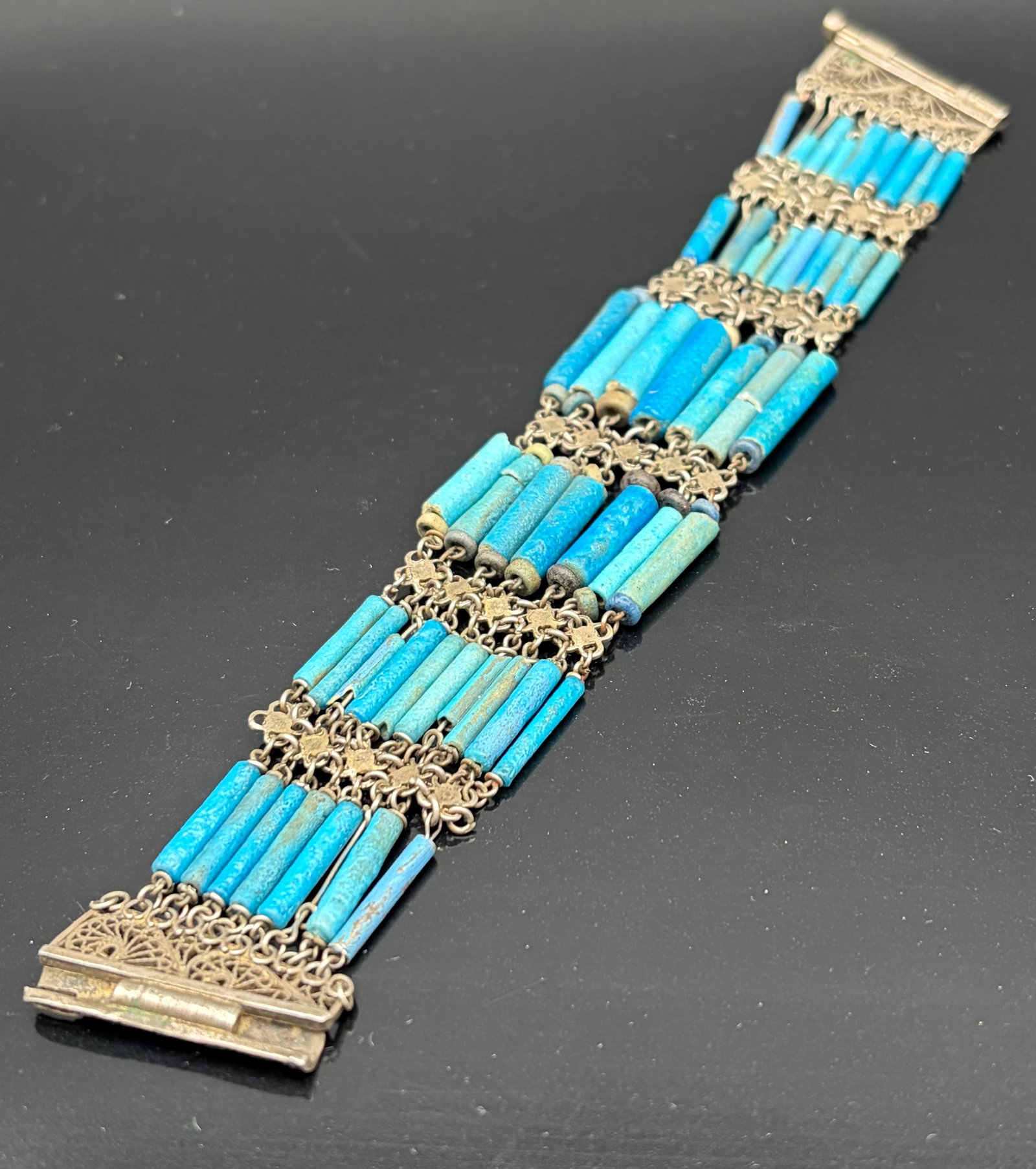 Vintage Turquoise Tube Bead Bracelet with Ornate Filigree Clasp – Ethnic / Boho Style (1 of 5)