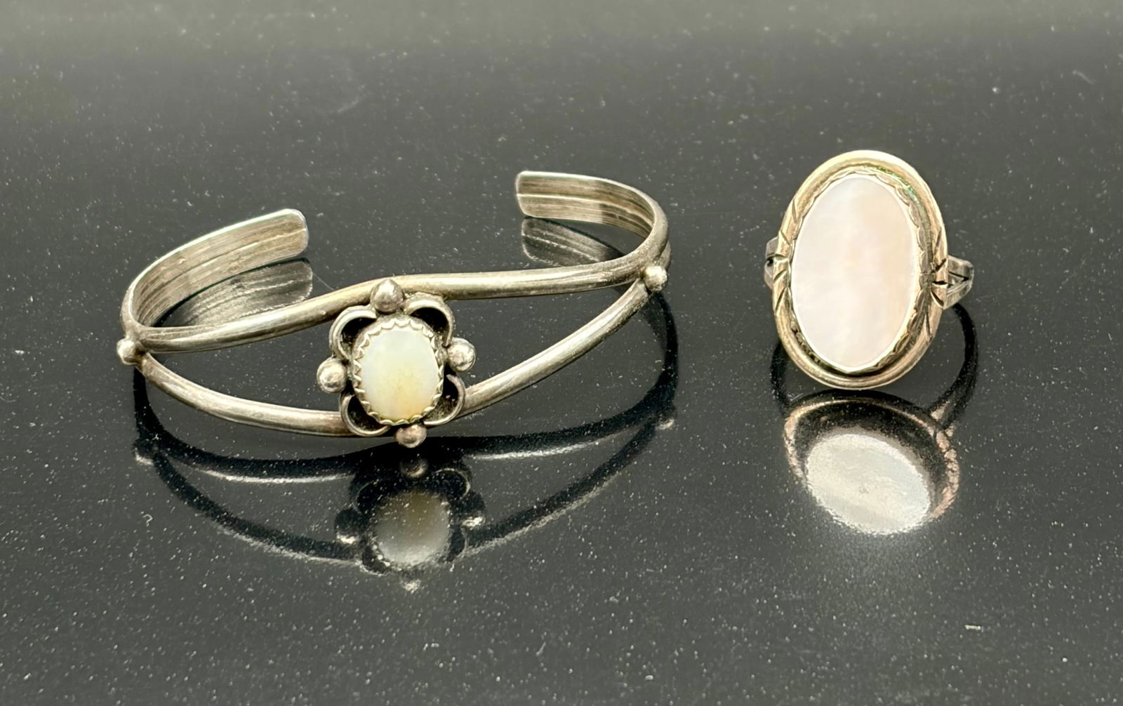 Vintage Sterling Silver Opalite Cuff Bracelet & Matching Ring – Soft Glow Set (1 of 10)