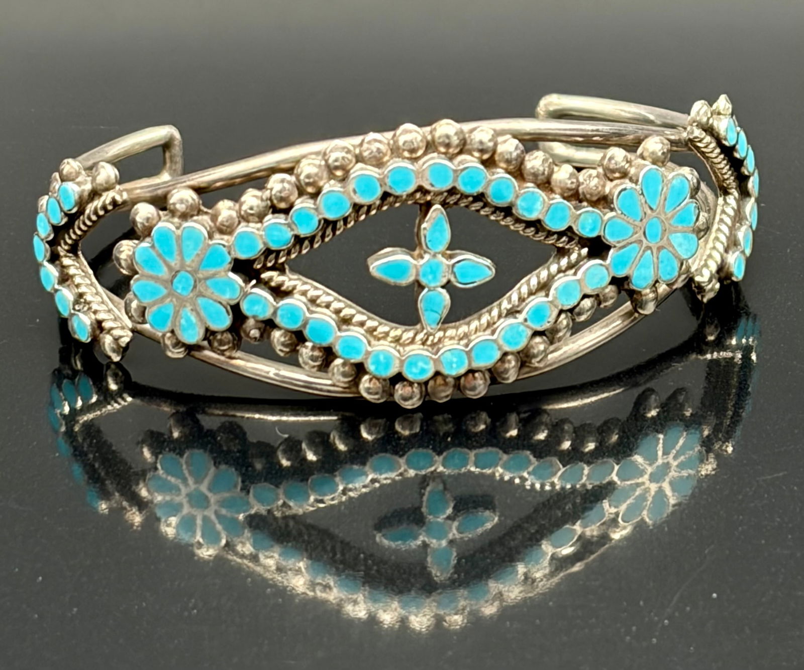 Vintage Navajo-Style Sterling Silver Turquoise Cluster Cuff Bracelet (1 of 5)