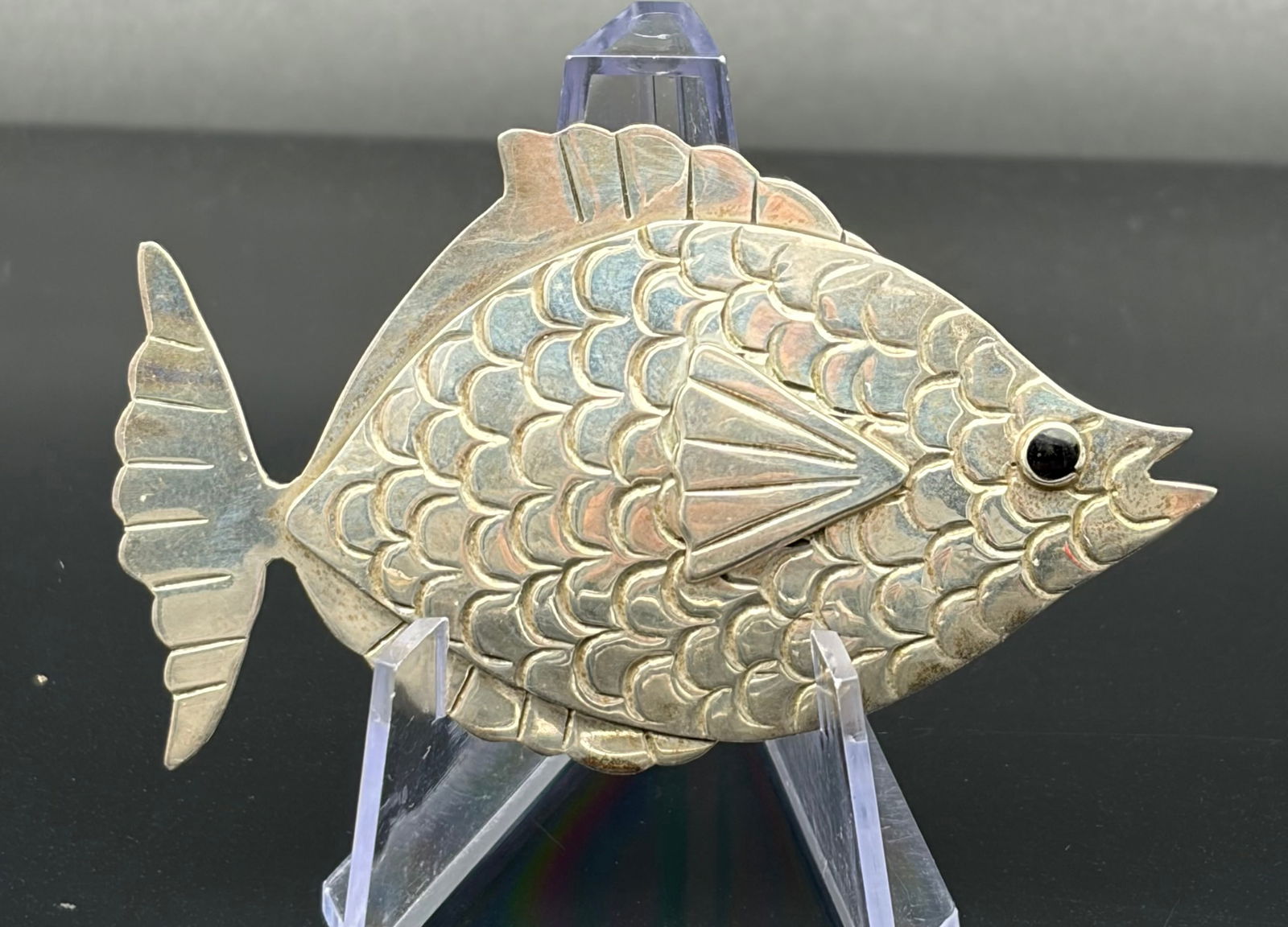 Vintage Sterling Silver Articulated Fish Brooch – Black Onyx Eye, Signed Mexico (1 of 4)