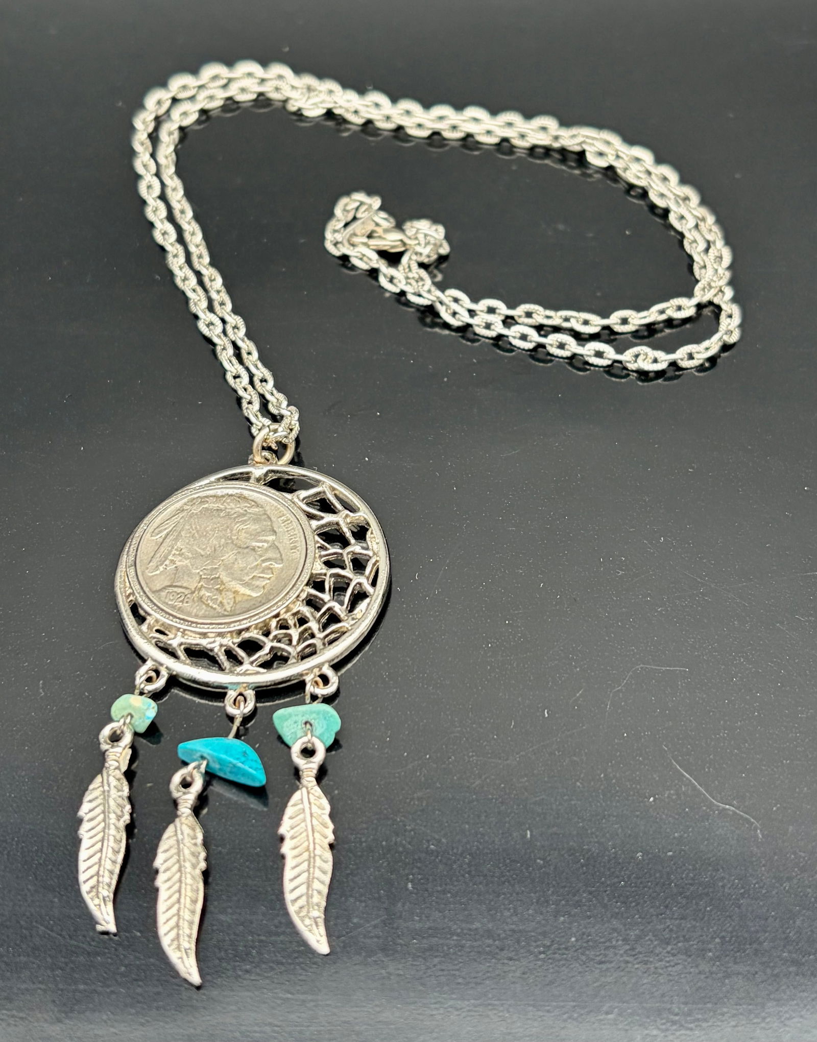 Sterling Silver Dreamcatcher Necklace with Buffalo Nickel & Turquoise Accents (1 of 7)