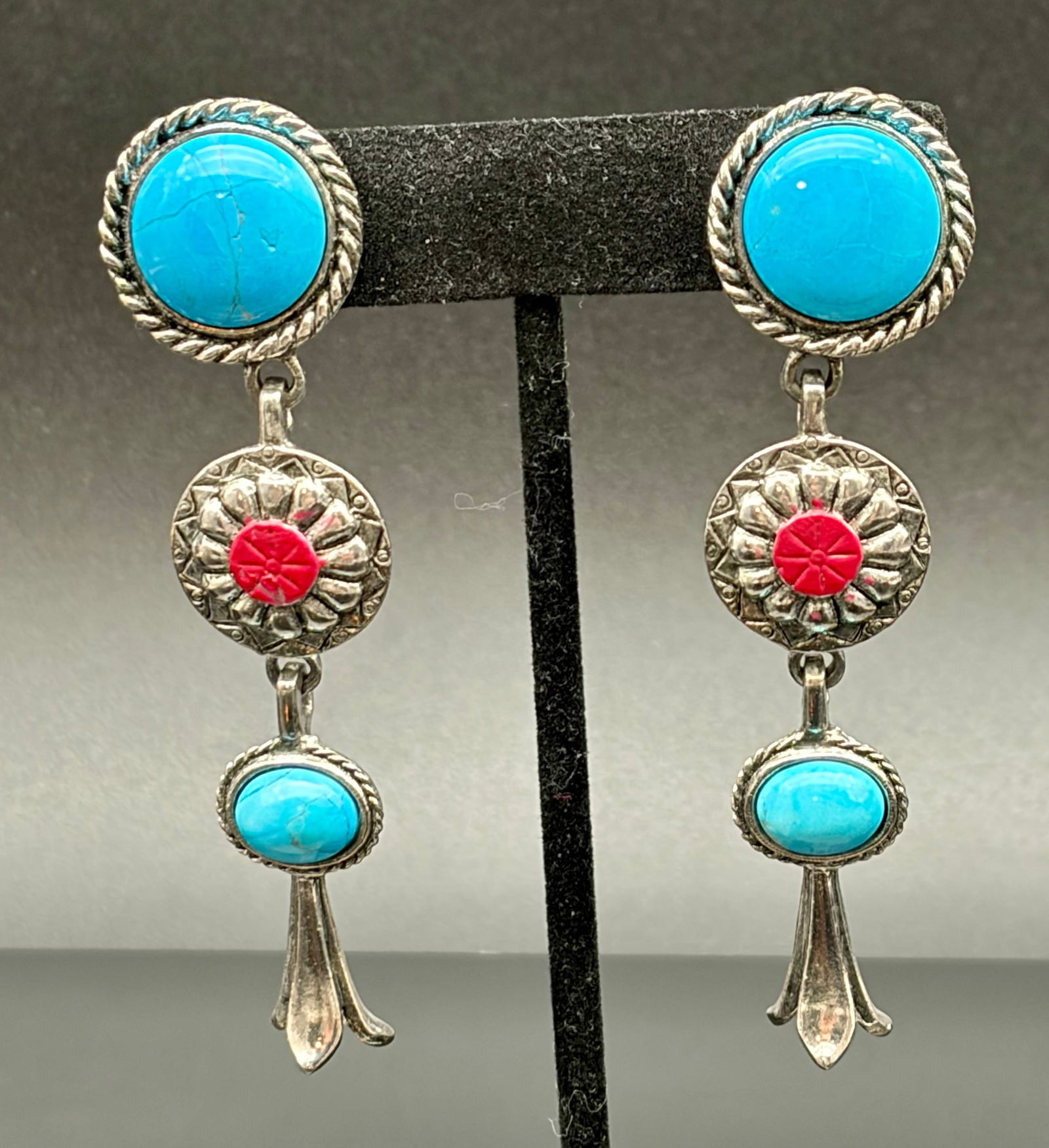 Vintage Southwestern-Style Dangle Earrings with Turquoise & Red Accent Stones (1 of 6)