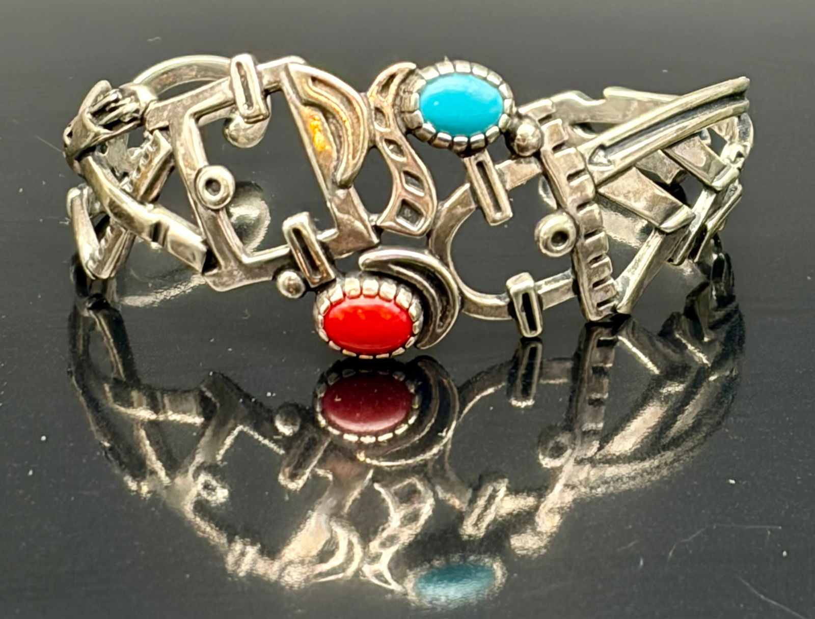 Vintage Artisan Link Bracelet with Turquoise & Coral-Red Cabochons (1 of 5)