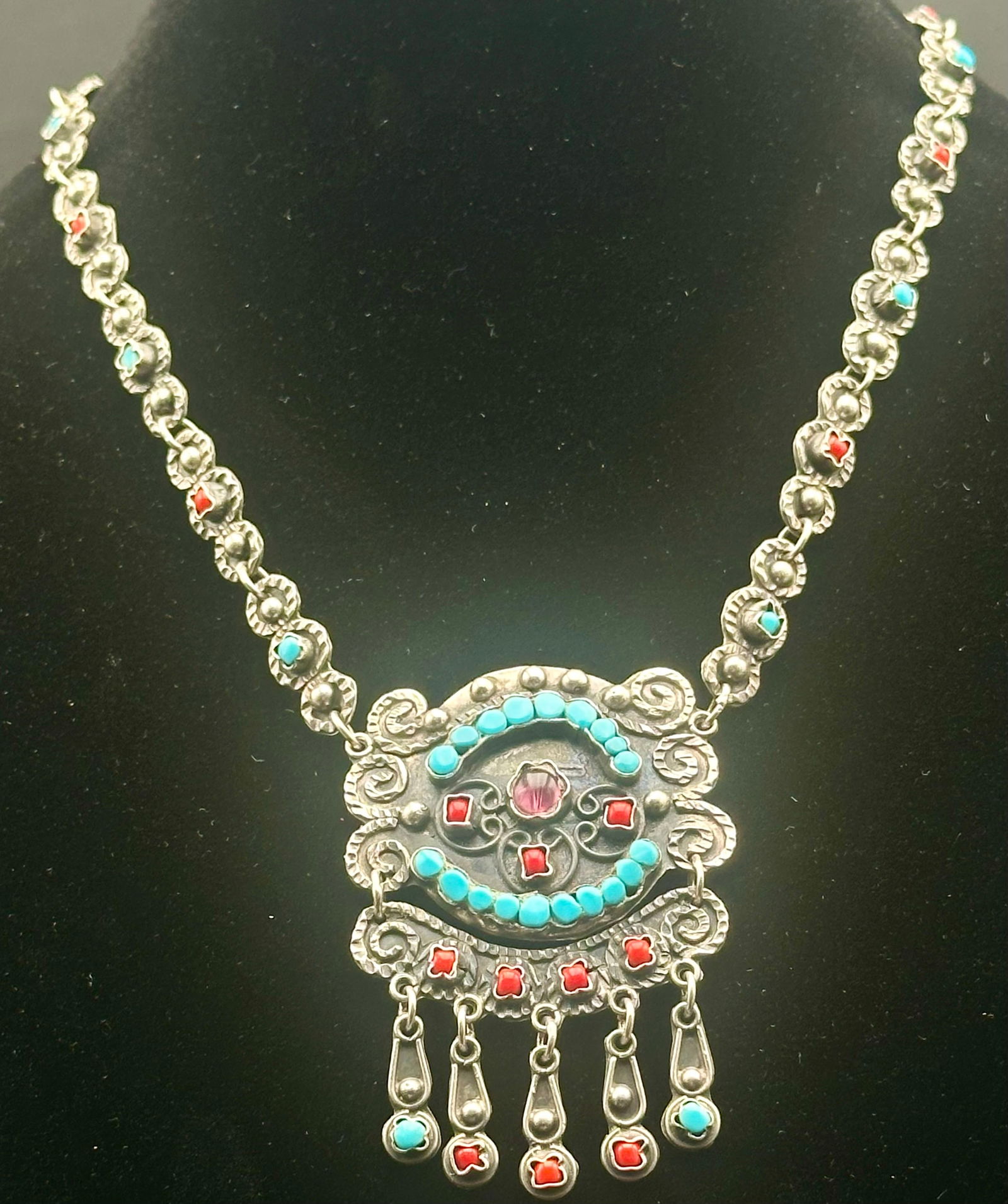 Vintage Afghan Sterling Silver Necklace – Turquoise & Coral – 75g (1 of 11)