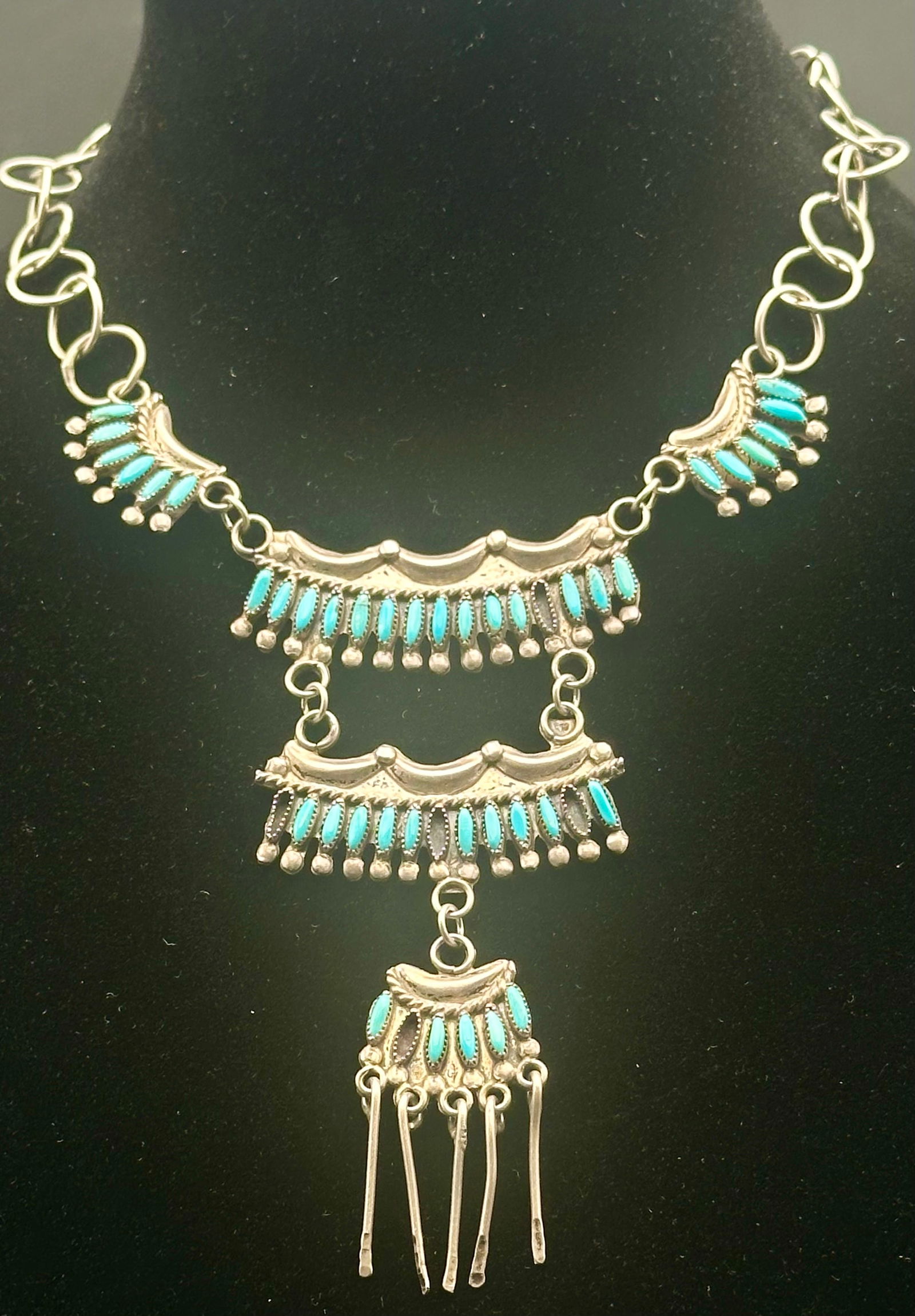 Vintage Sterling Silver Turquoise Needlepoint Fringe Necklace – 48g (1 of 10)