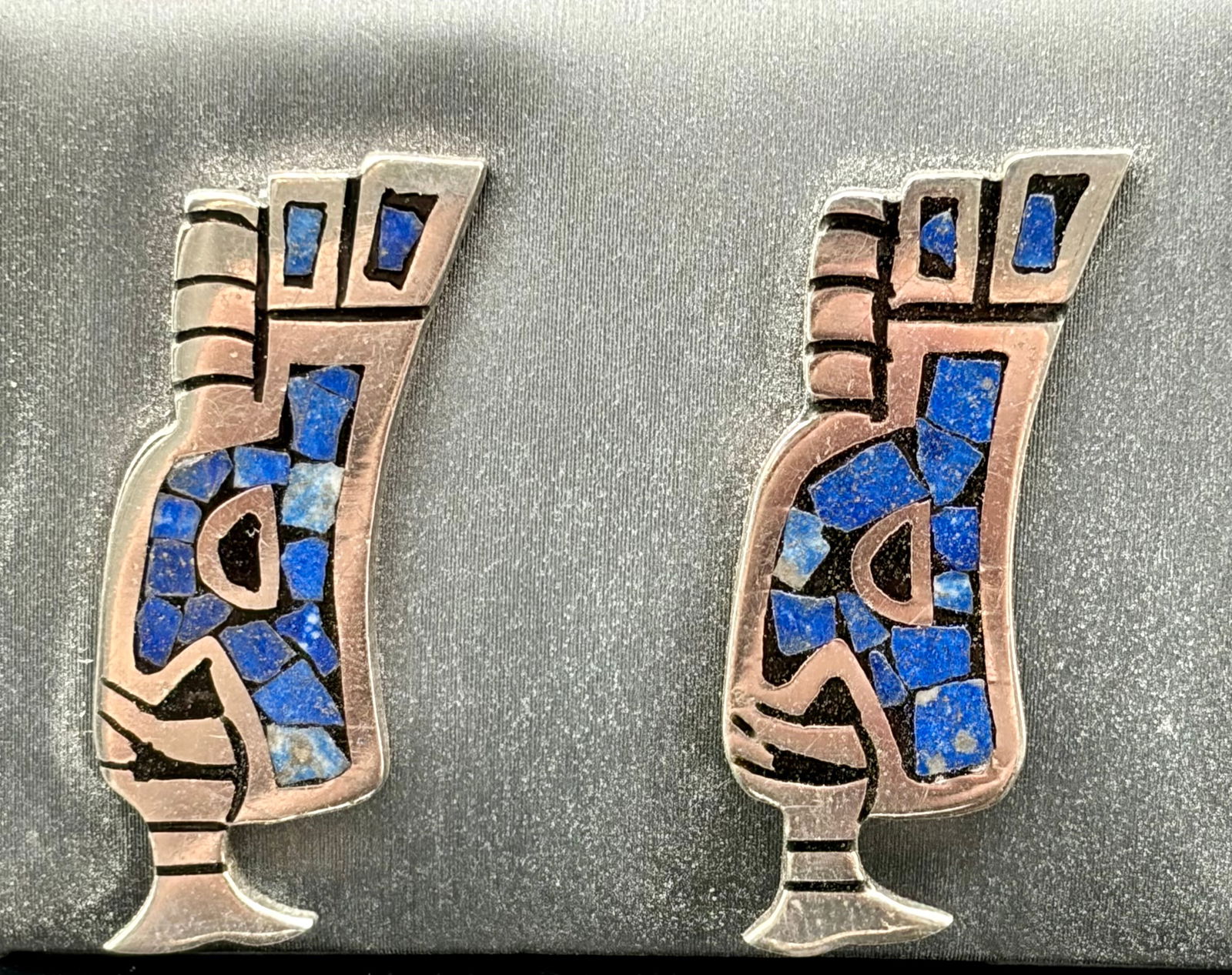 Vintage Kokopelli Inlay Earrings – Lapis Mosaic, Sterling Silver Southwestern Style (1 of 5)