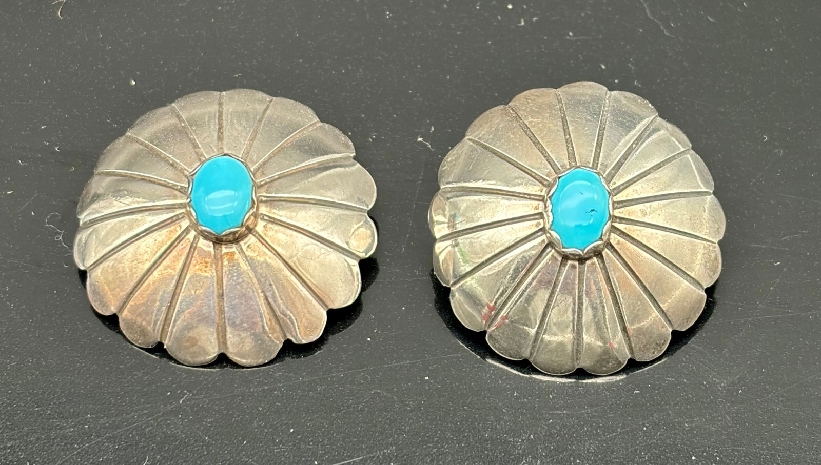 Vintage Navajo Sterling Silver Concho Earrings with Turquoise Cabochons (1 of 4)