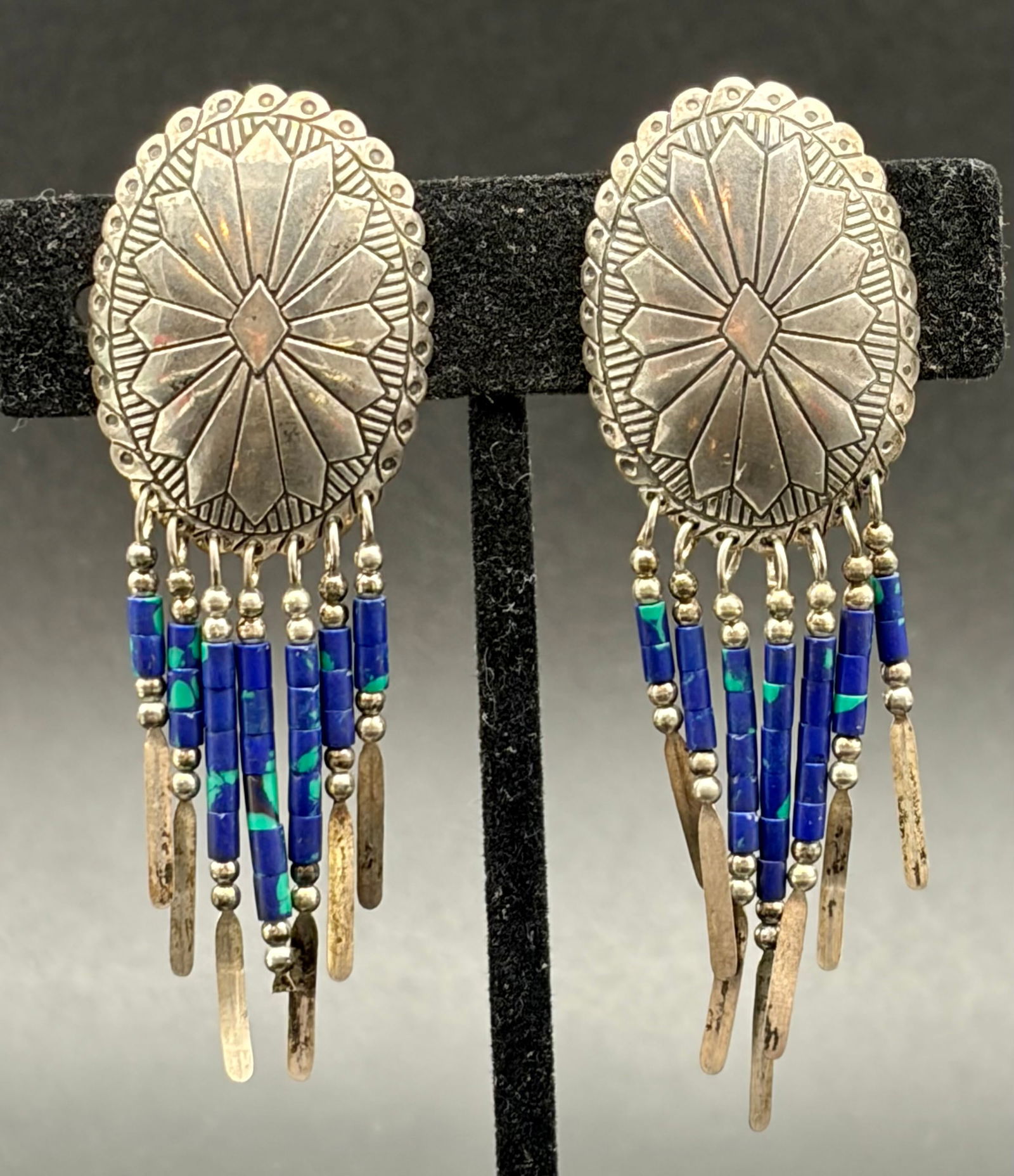 Vintage Navajo Sterling Silver Concho Chandelier Earrings with Lapis Bead Fringe (1 of 5)
