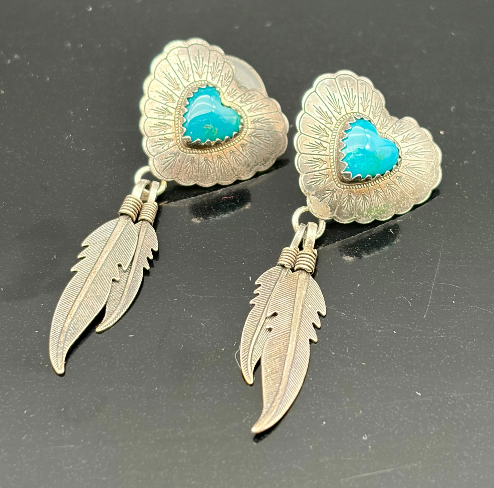 Vintage Sterling Silver Turquoise Heart Concho & Feather Earrings – Southwestern Dangles (1 of 5)