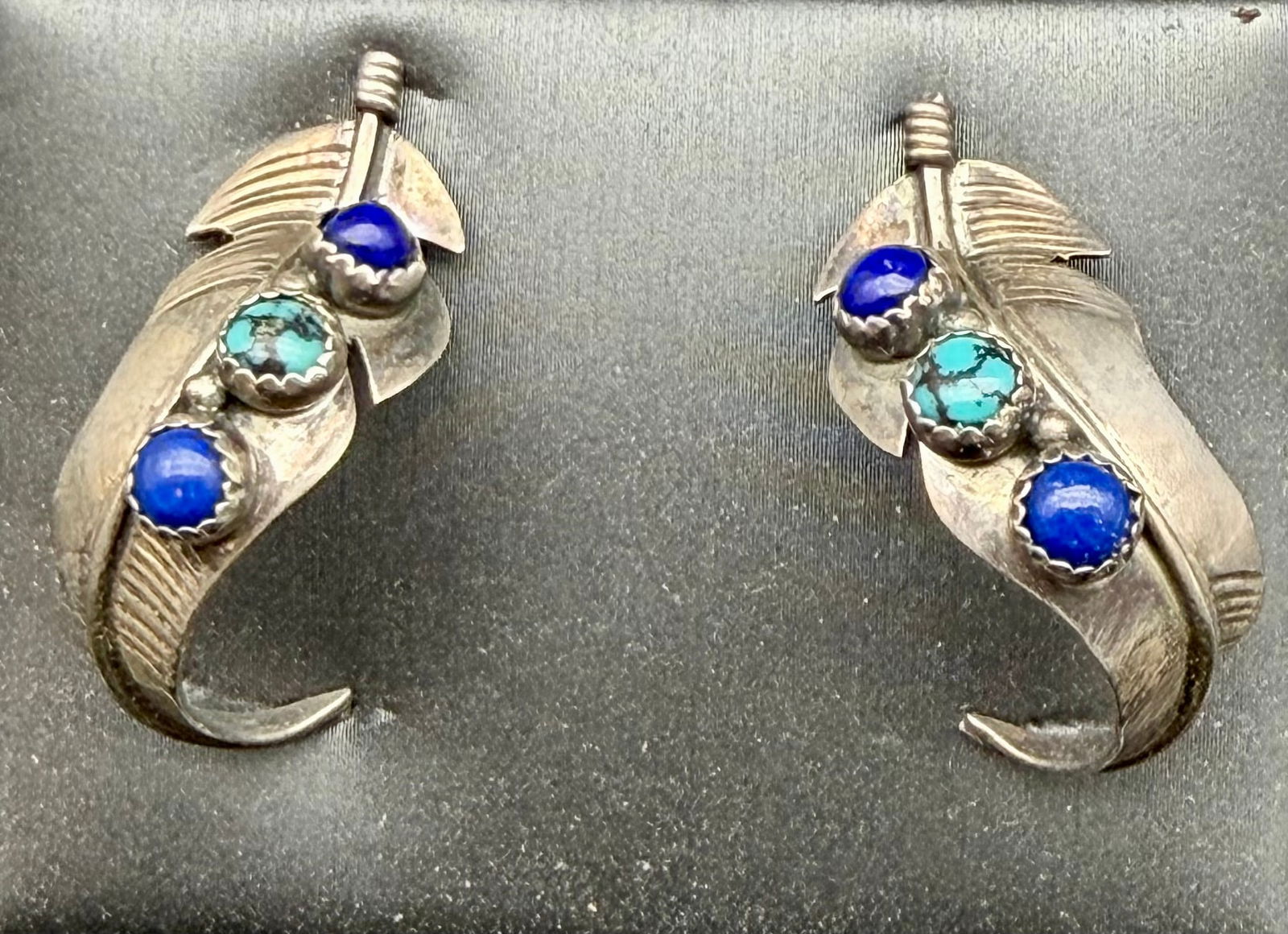 Vintage Sterling Silver Claw Earrings with Turquoise & Lapis – Southwestern Statement Dangles (1 of 6)