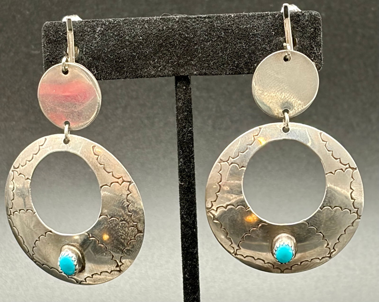 Vintage Sterling Silver Open Hoop Earrings with Turquoise – Hand-Stamped Southwestern Dangles (1 of 6)