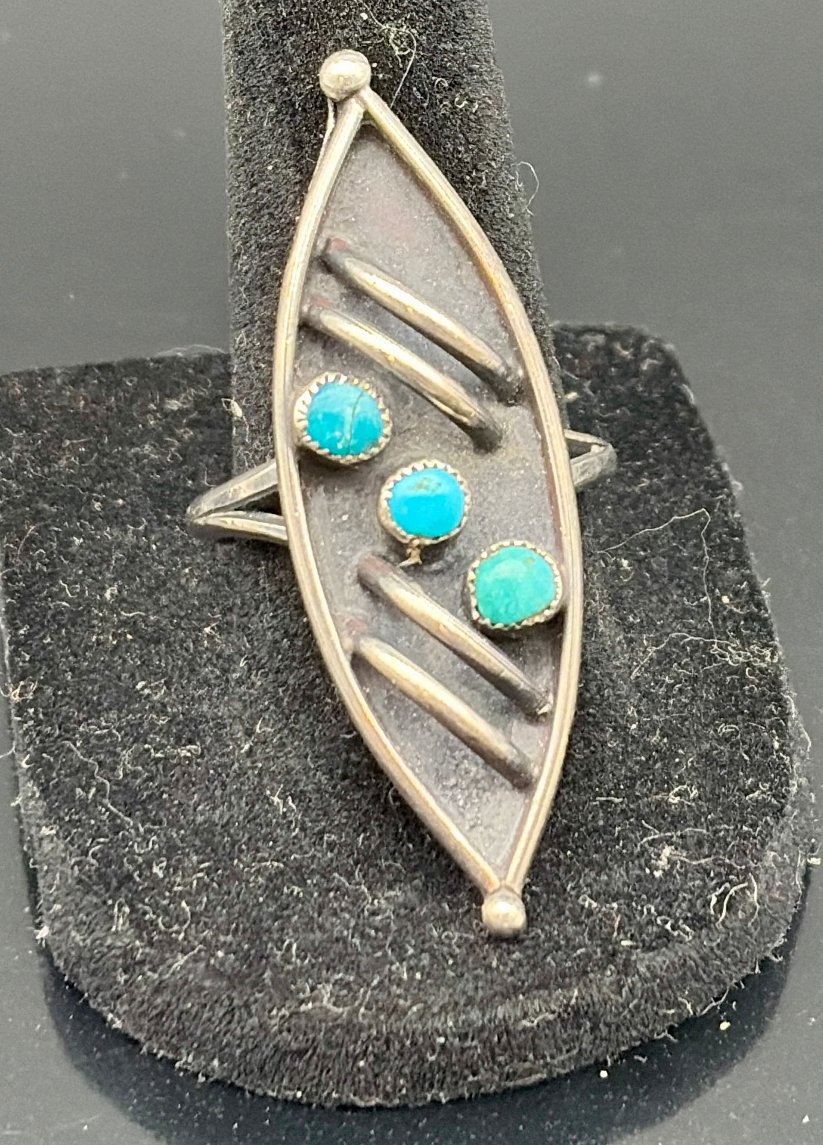 Vintage Sterling Silver Turquoise Marquise Ring – Southwestern Modernist Design (1 of 6)