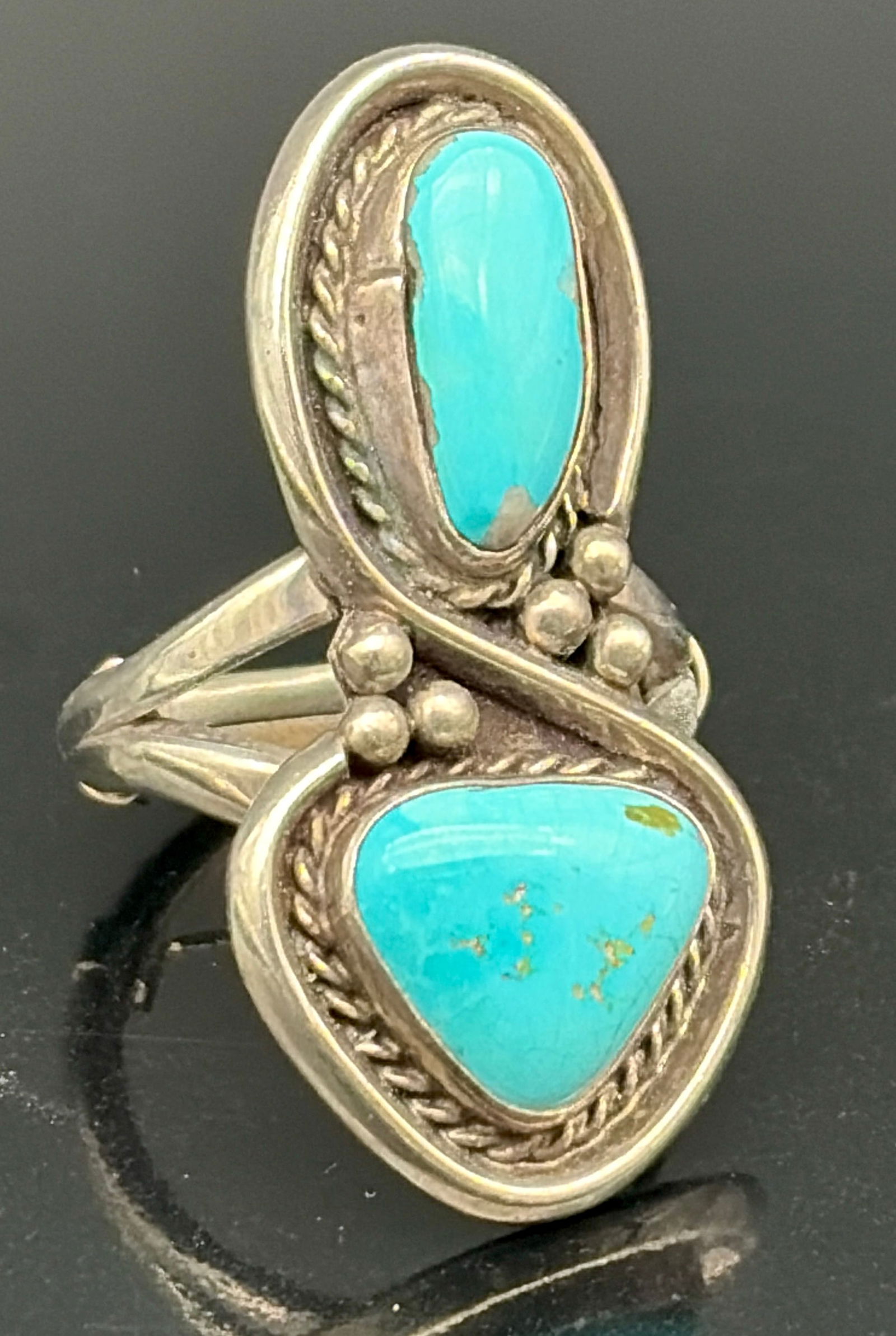 Vintage Sterling Silver Double Turquoise Ring – Southwestern Split-Shank Design (1 of 6)