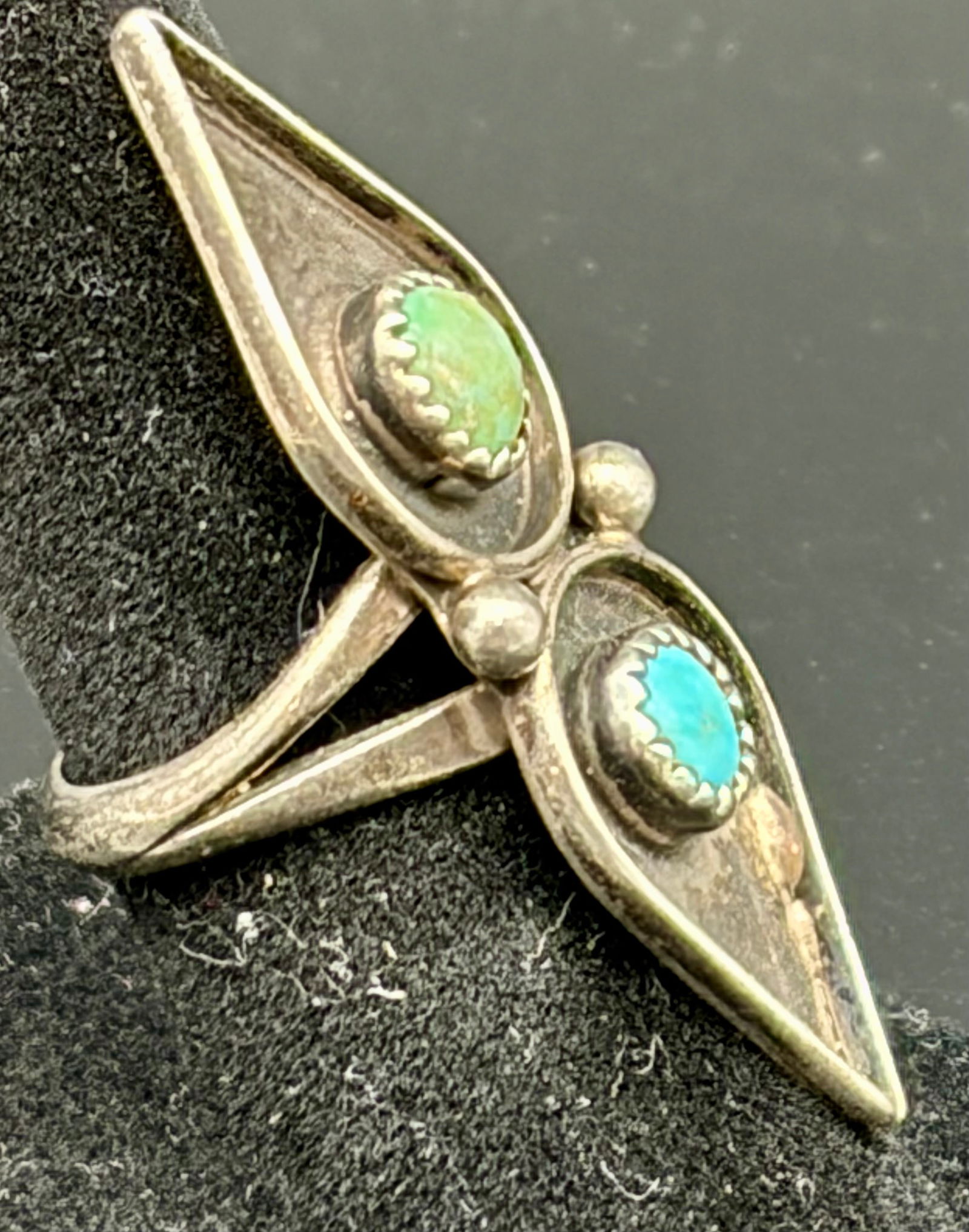 Vintage Southwestern Sterling Silver Bypass Ring with Dual Turquoise Cabochons (1 of 5)