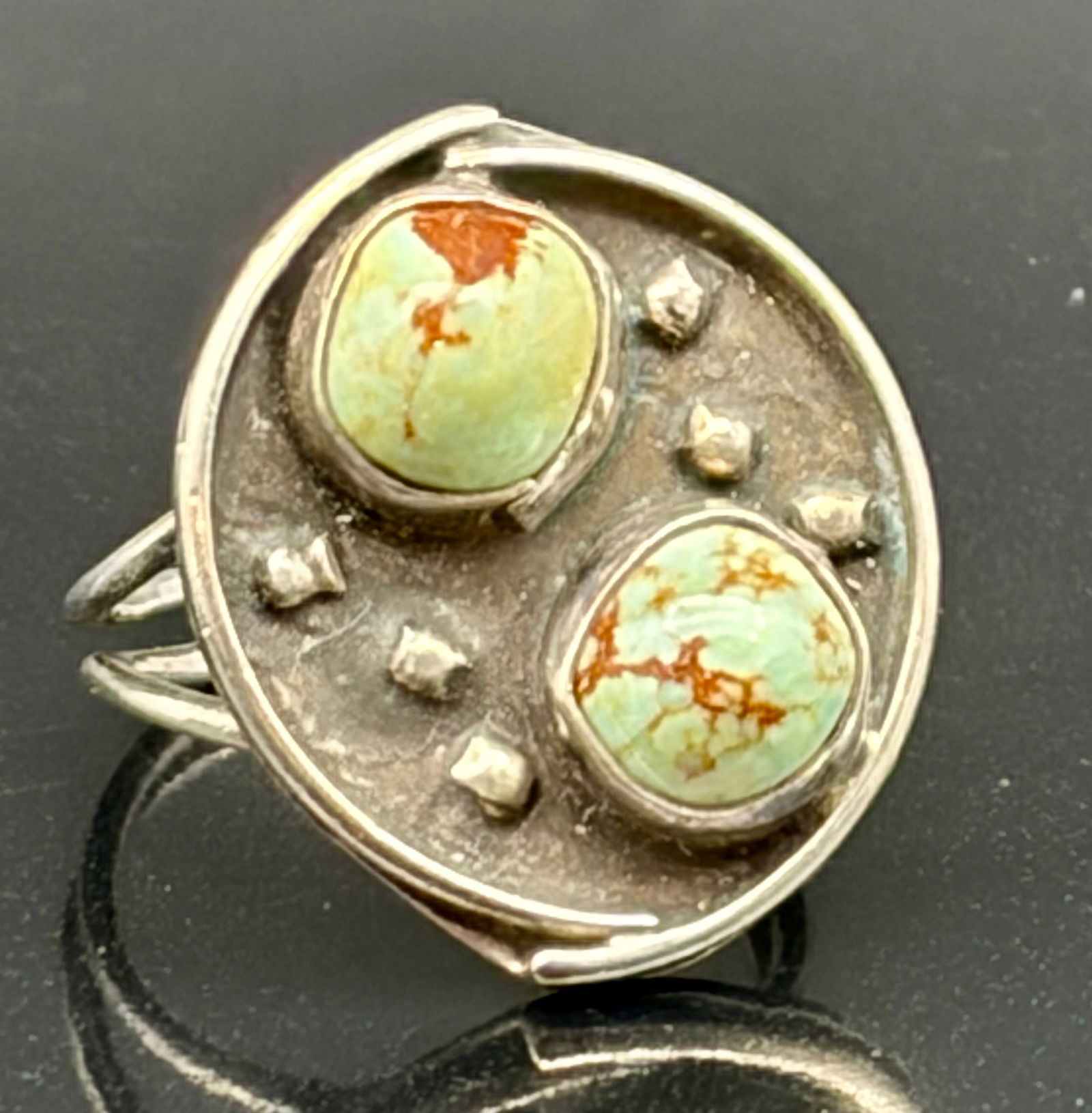 Vintage Artisan Sterling Silver Ring with Dual Turquoise Cabochons (1 of 5)