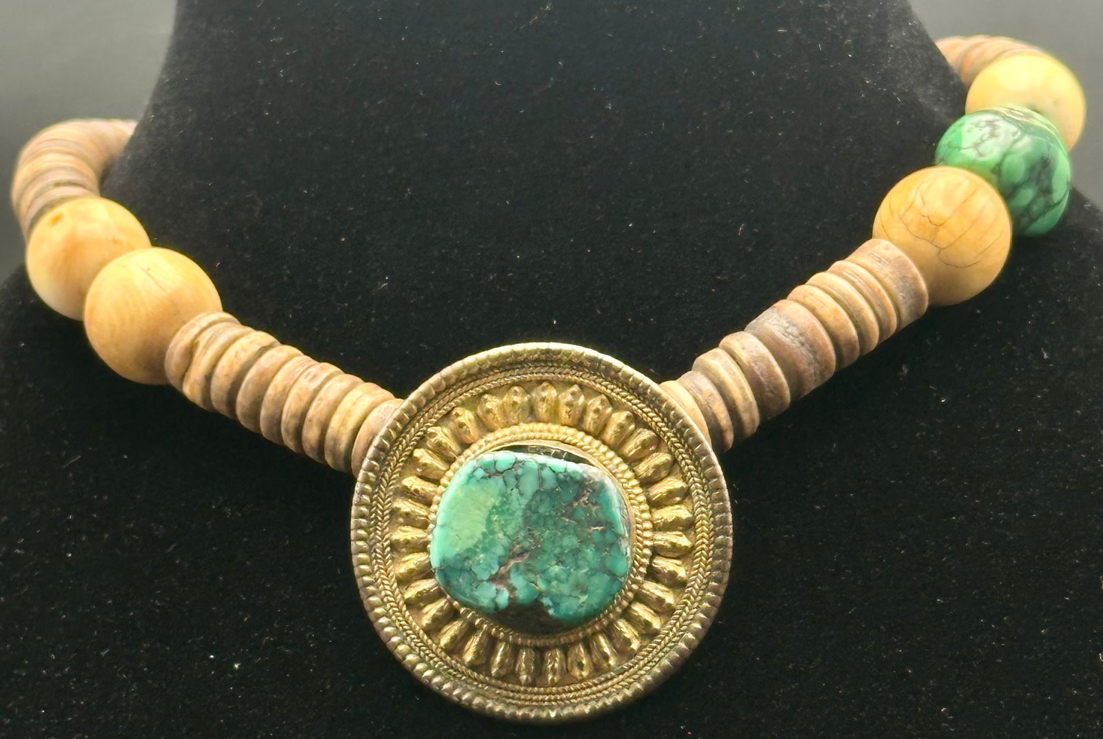 Handmade Turquoise & Wood Beaded Necklace w/ Large Brass Pendant (1 of 11)