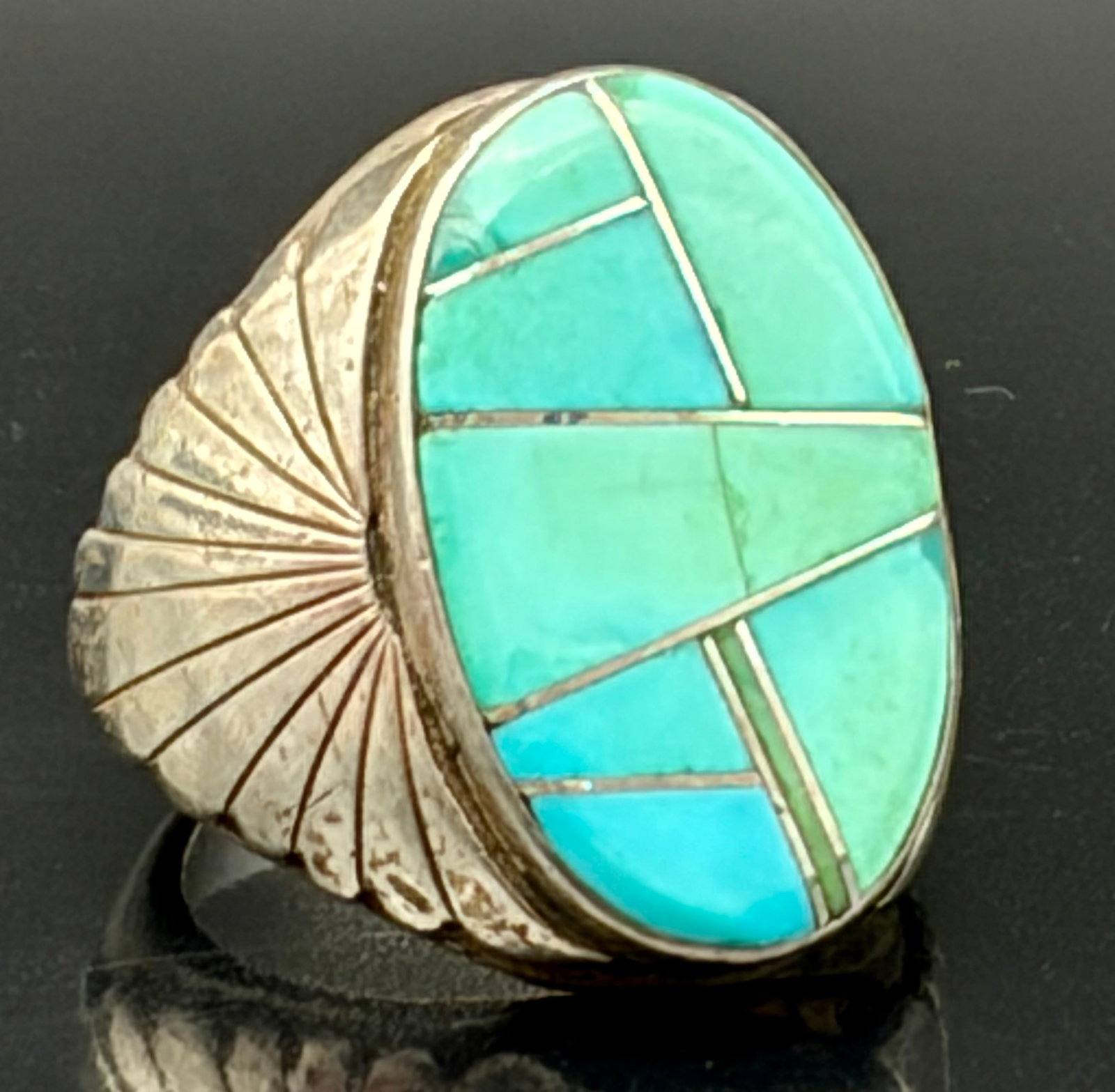 Bold Vintage Southwestern Sterling Silver Turquoise Inlay Ring – Statement Piece (1 of 5)