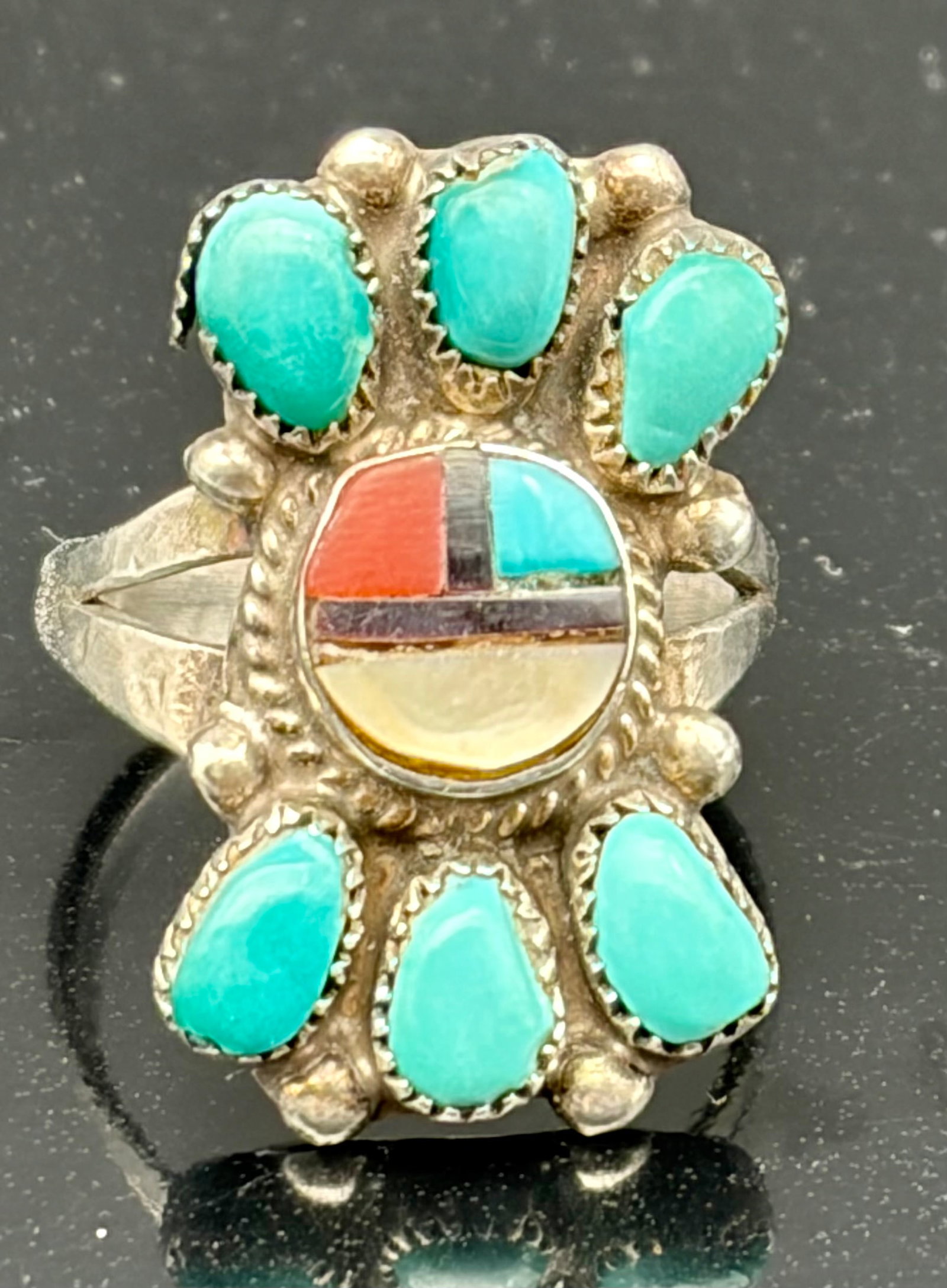 Vintage Southwestern Sterling Silver Cluster Ring – Turquoise Cabochons & Inlay Center (1 of 5)
