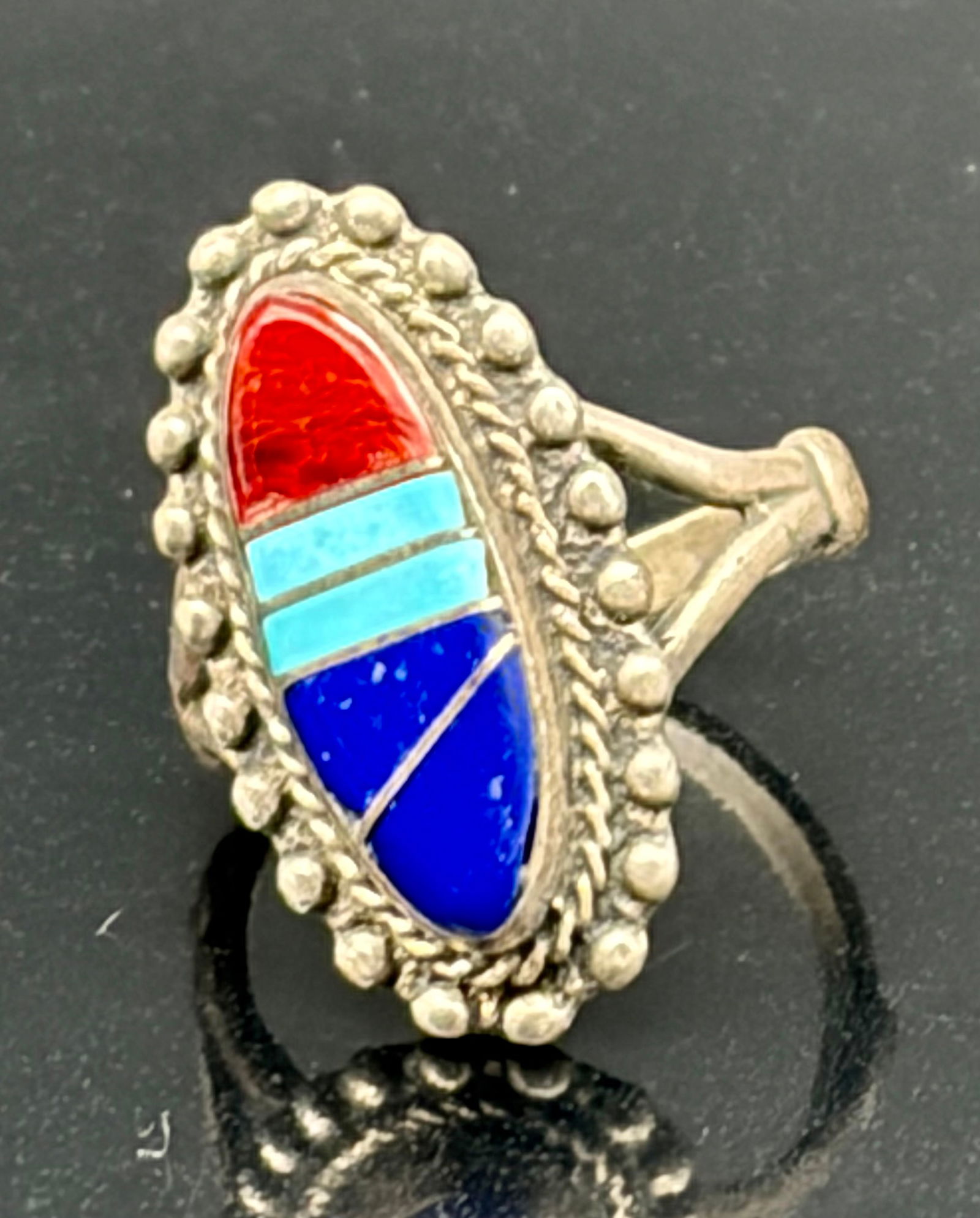 Vintage Southwestern Sterling Silver Inlay Ring – Red, Turquoise & Lapis Design (1 of 5)