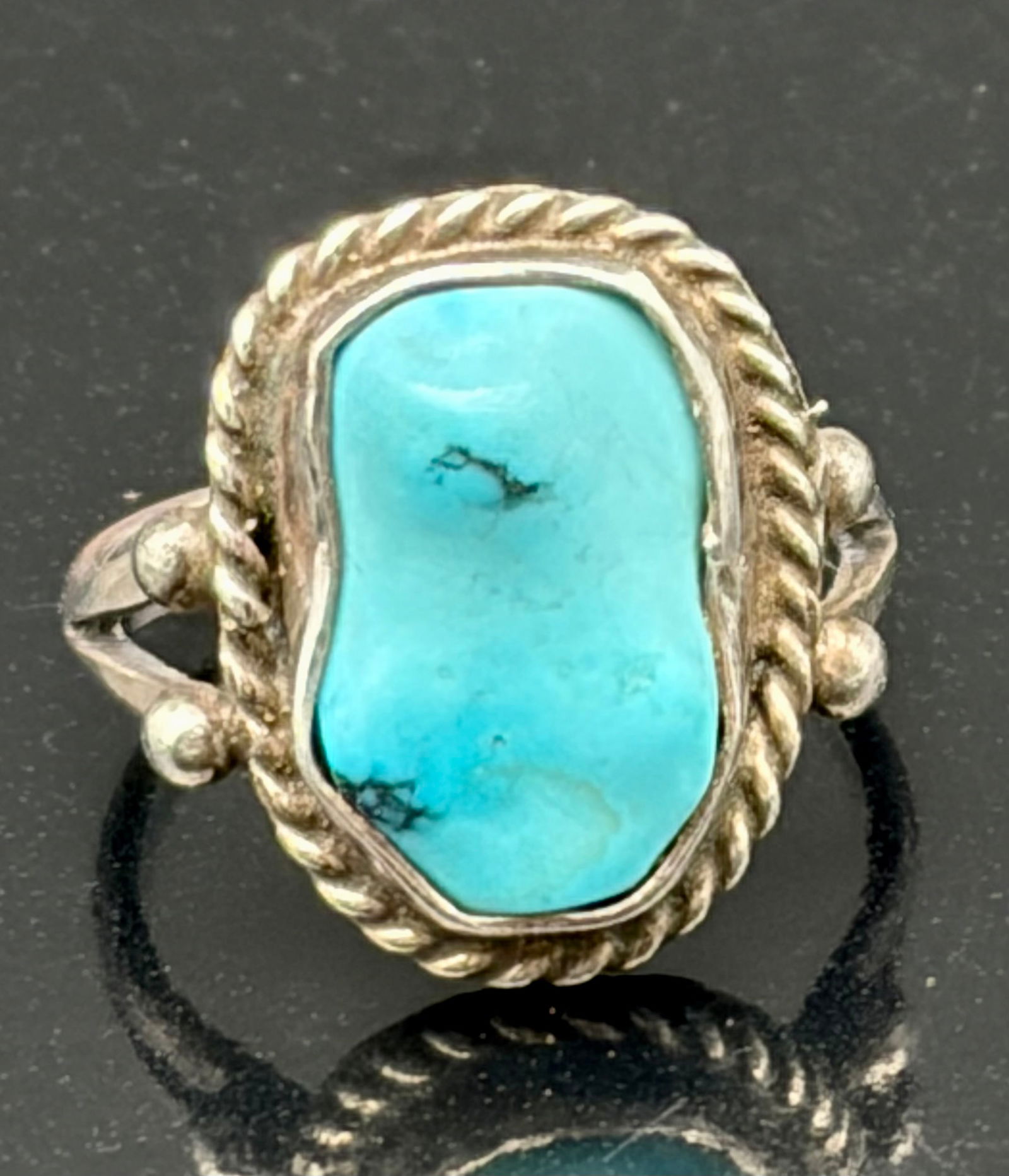Vintage Sterling Silver Turquoise Ring – Freeform Cabochon, Rope Bezel (1 of 5)