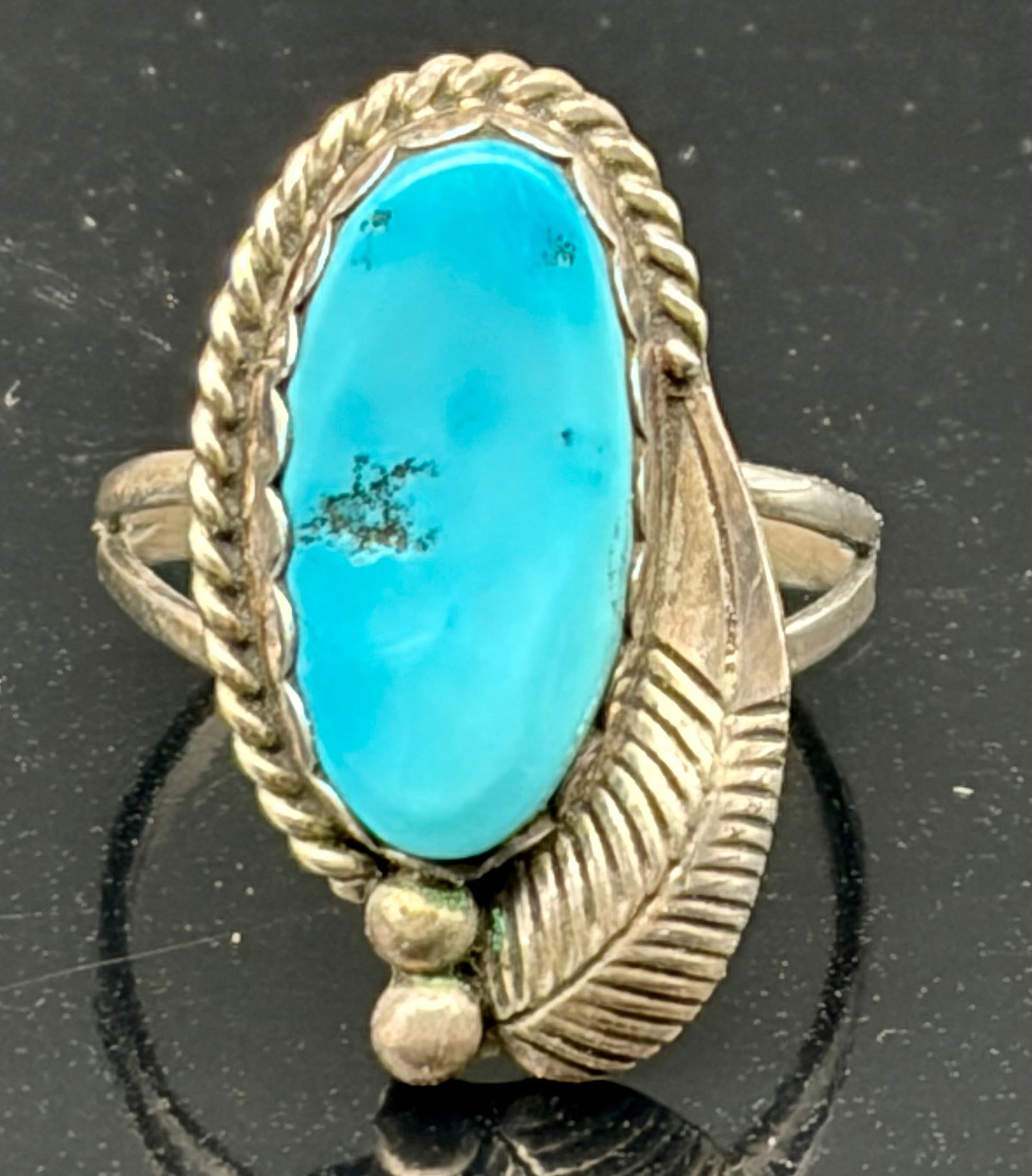 Vintage Sterling Silver Turquoise Ring with Feather – Southwestern Style Statement Ring (1 of 6)
