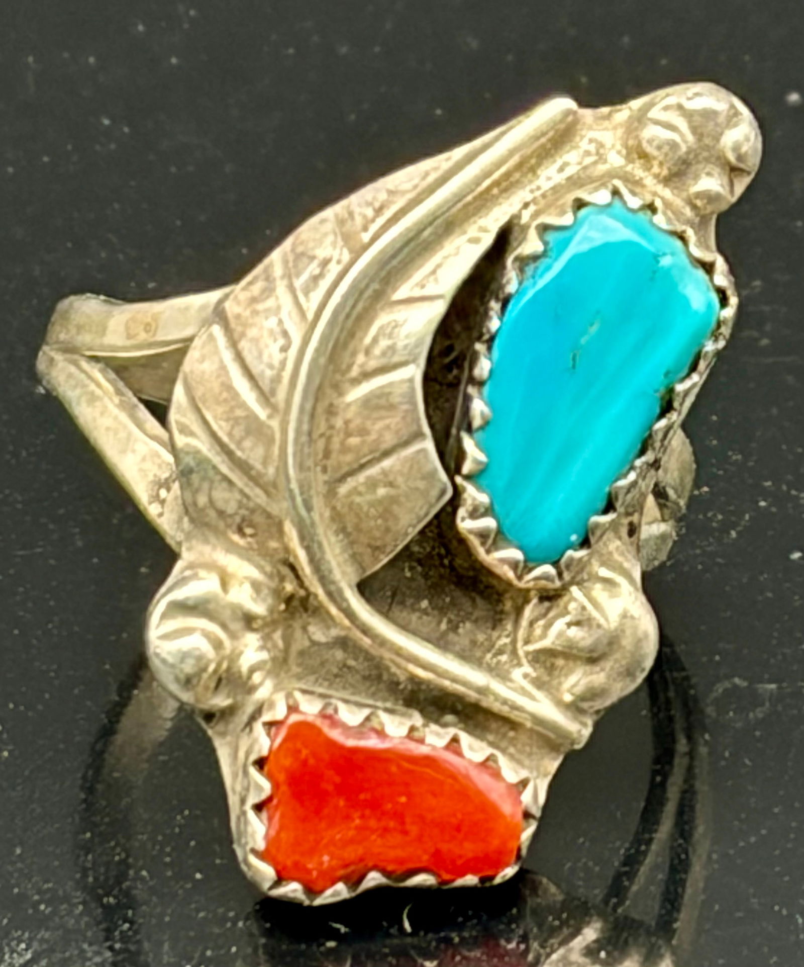 Vintage Sterling Silver Turquoise & Coral Ring – Bold Sculptural Southwestern Design (1 of 5)