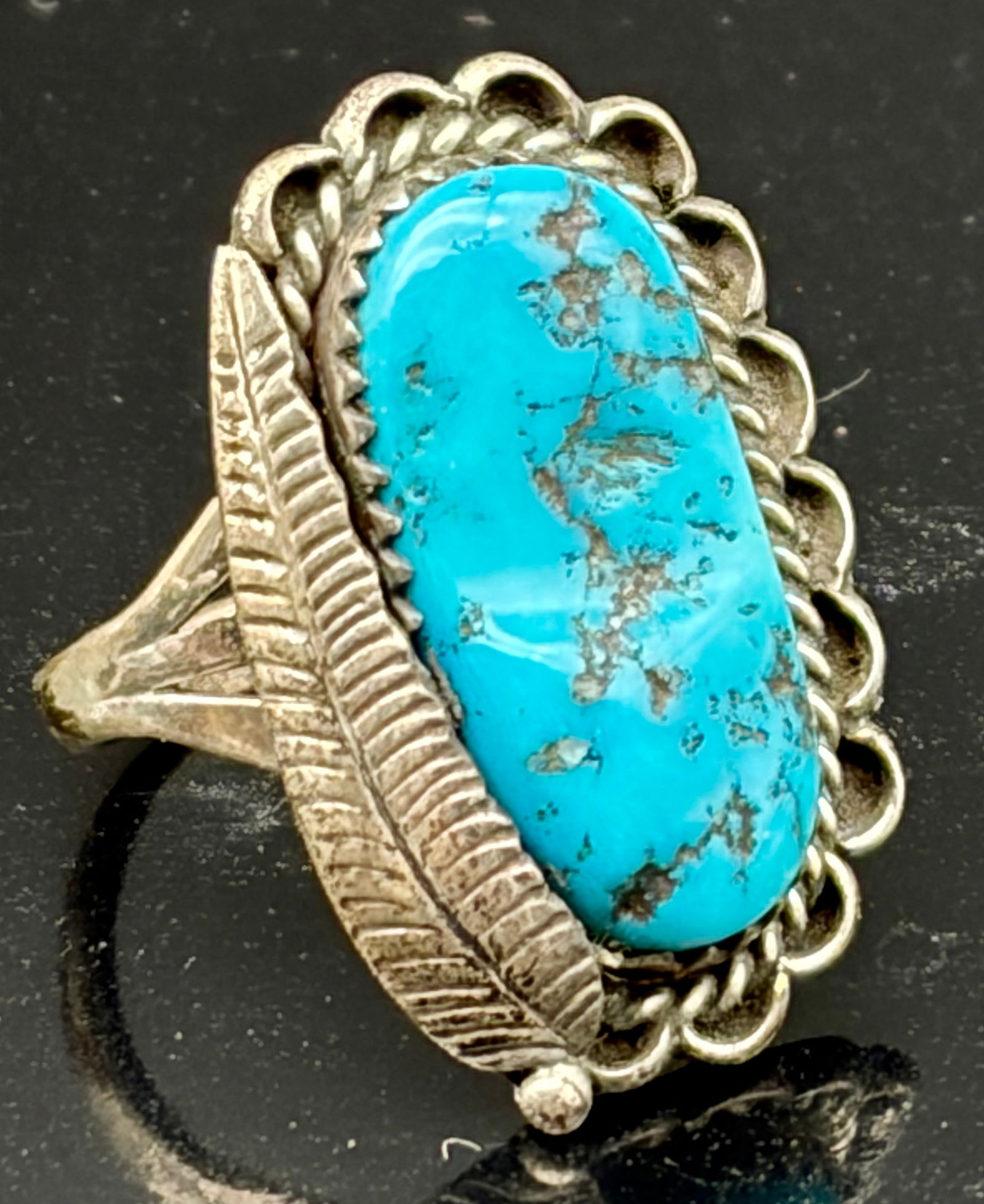 Vintage Sterling Silver Turquoise Ring with Feather Accent – Southwestern Statement Piece (1 of 5)