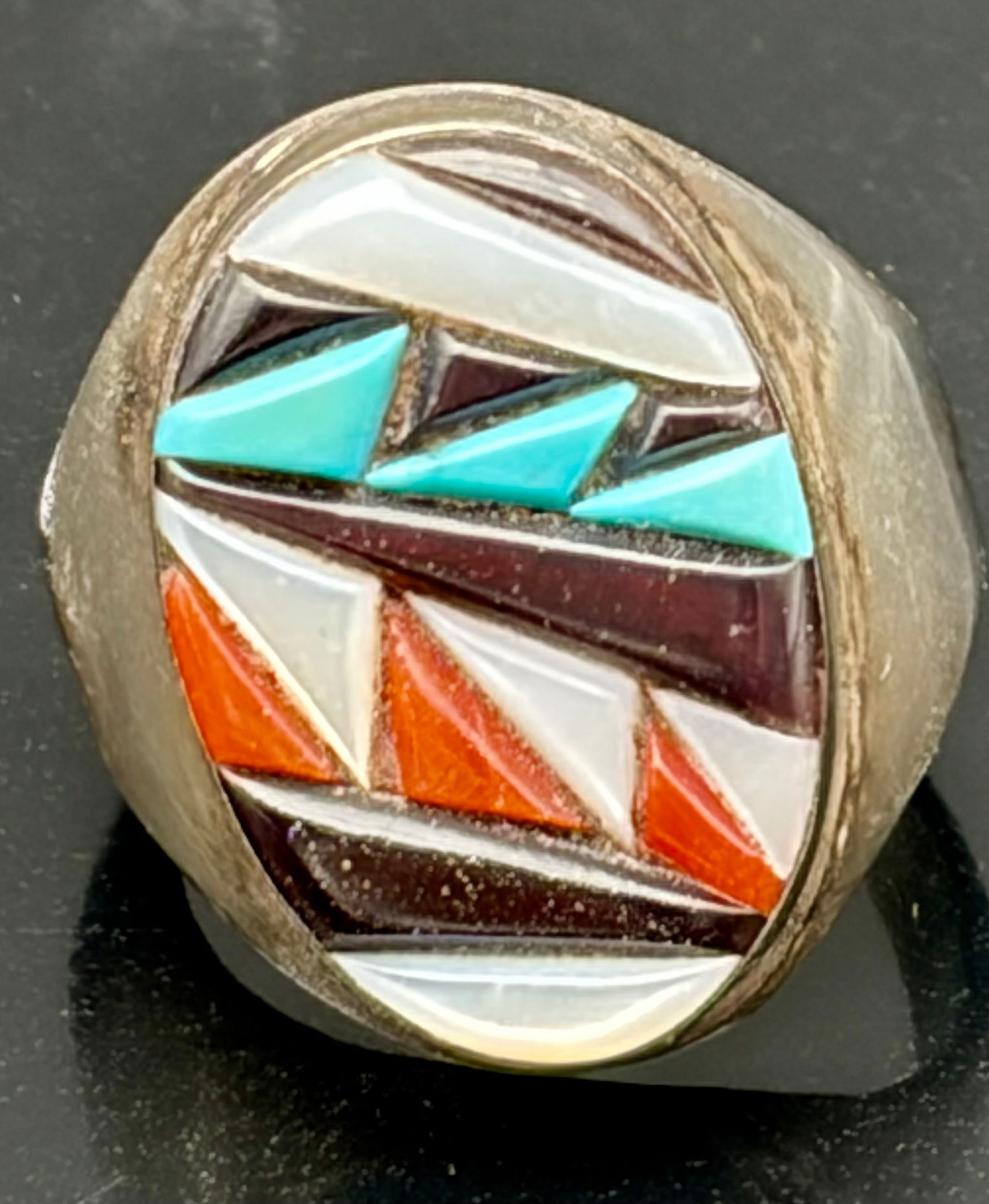 Vintage Sterling Silver Inlay Ring with Turquoise, Coral & Mother-of-Pearl – Southwestern Mosaic (1 of 5)