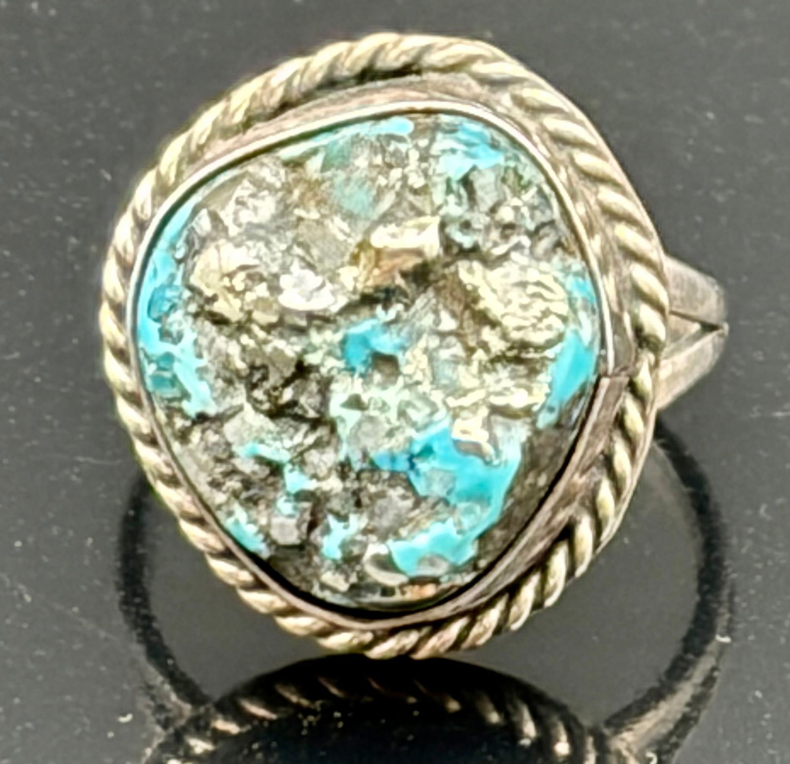 Vintage Sterling Silver Ring with Natural Turquoise Nugget Cabochon (1 of 5)