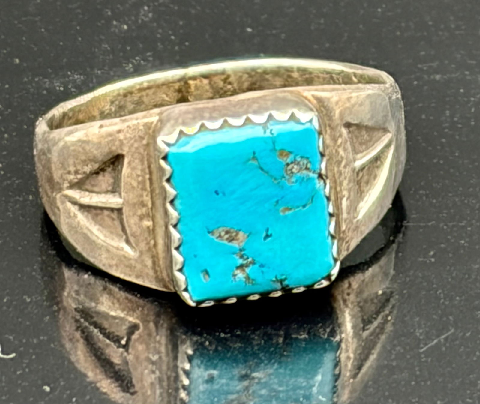 Vintage Sterling Silver Ring with Square Turquoise & Carved Shoulders (1 of 5)