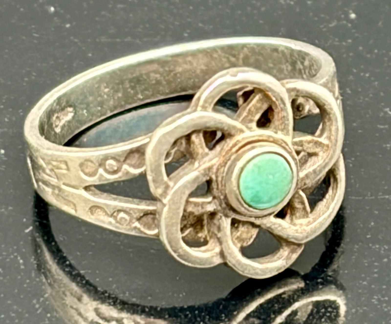 Vintage Sterling Silver Floral Ring with Petite Turquoise Accent (1 of 5)