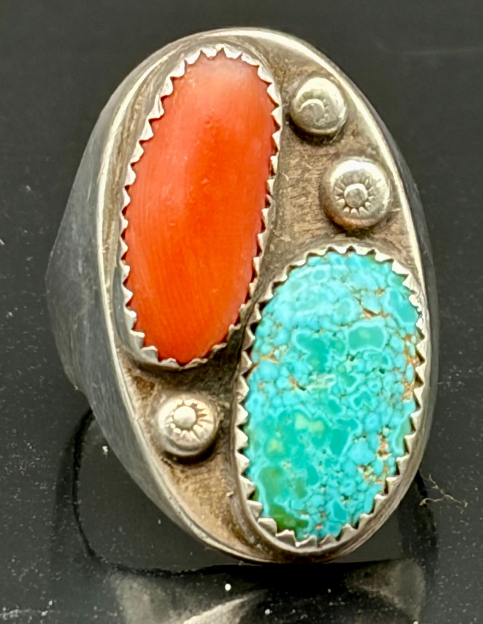 Vintage Sterling Silver Turquoise & Coral Southwestern Statement Ring (1 of 5)