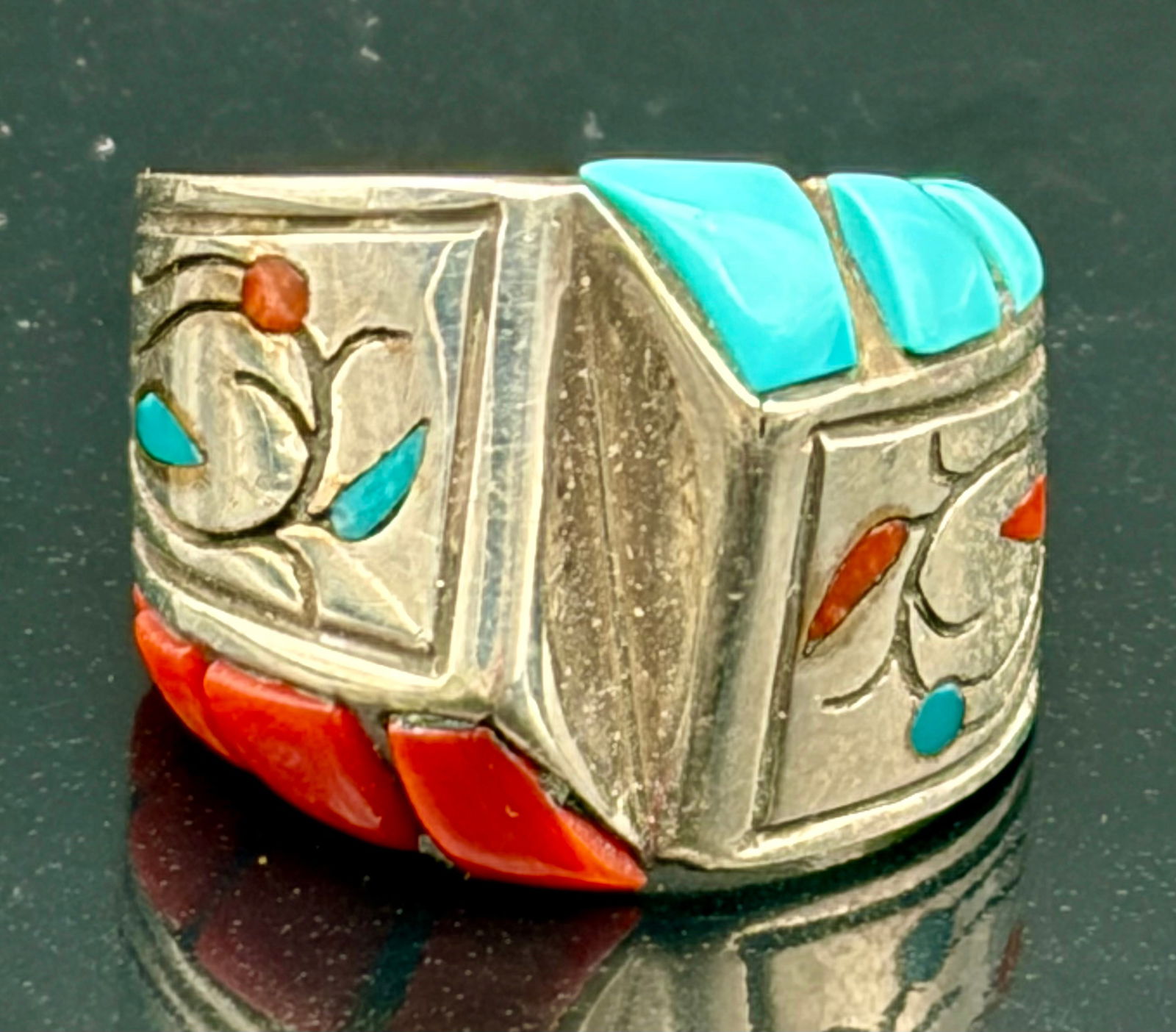 Vintage Sterling Silver Turquoise & Coral Inlay Wide Band Ring (1 of 6)